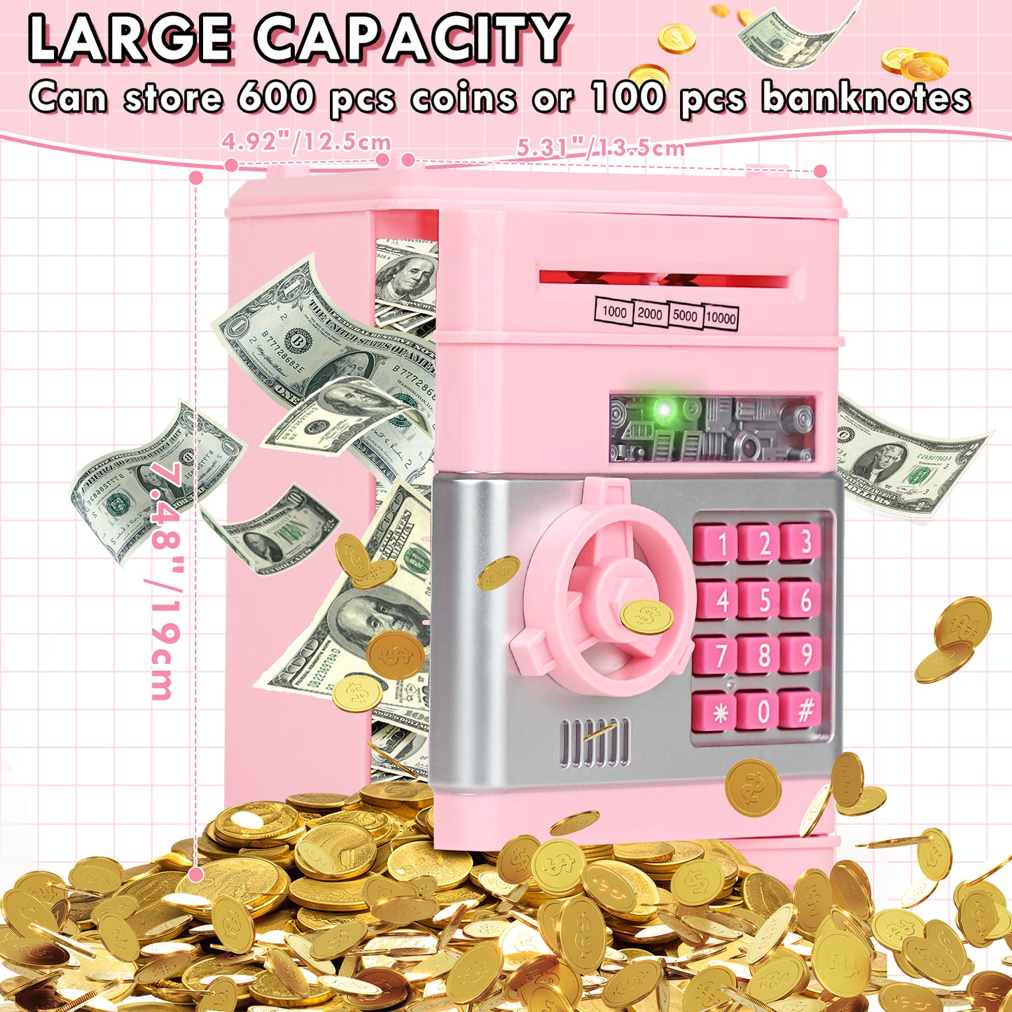 Piggy Banks for Kids, Money Bank, Piggy Bank for Boys Girls, Electronic Password Cash Coin Can ATM Bank with Auto Grab Bill Slot, Money Coin Saving Box for Kids, Perfect Gifts for Boys Girls, Pink
