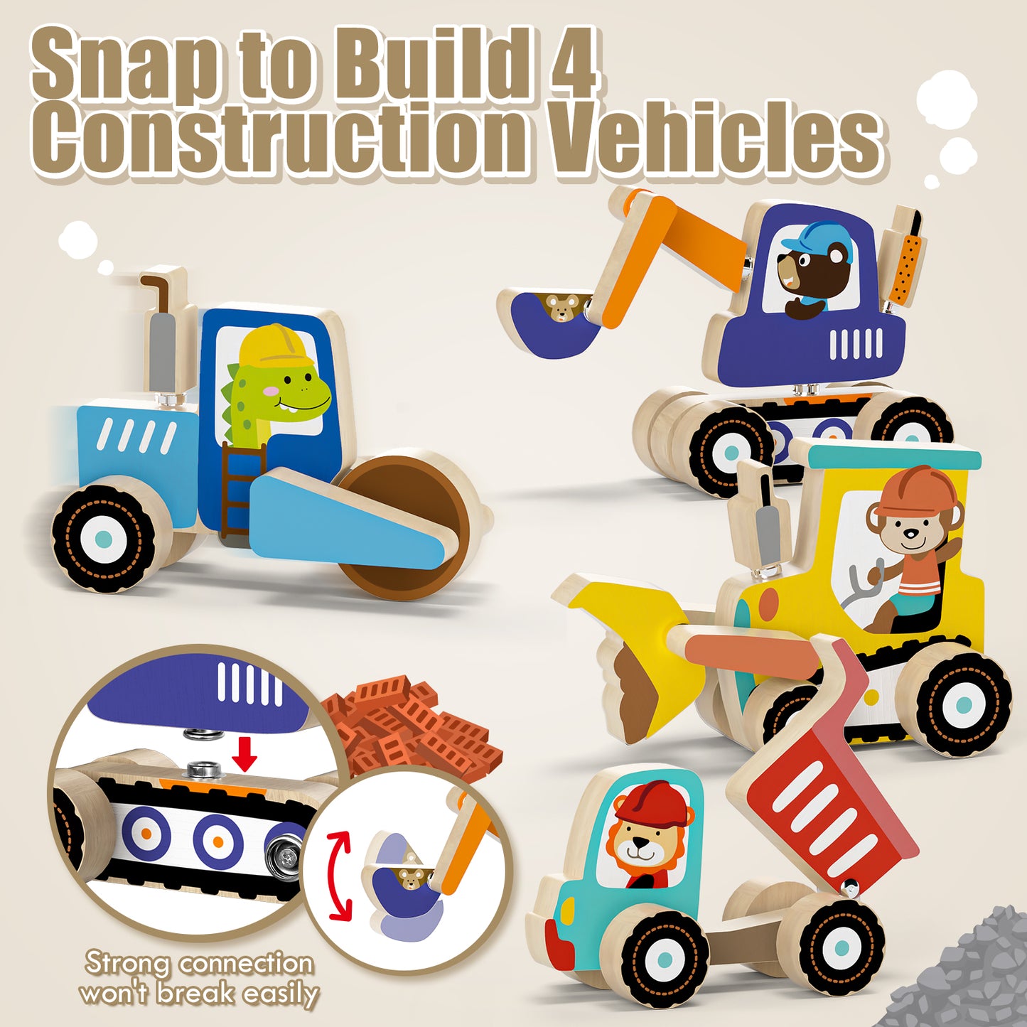 Toys for Boys 2 to 4 Years Old, Construction Vehicle Take Apart Toys Cars For Toddlers, Construction Toys for Boys 3 6 Years, Wooden Cars Toys, Learning Educational Toys for Kids Birthday Gifts