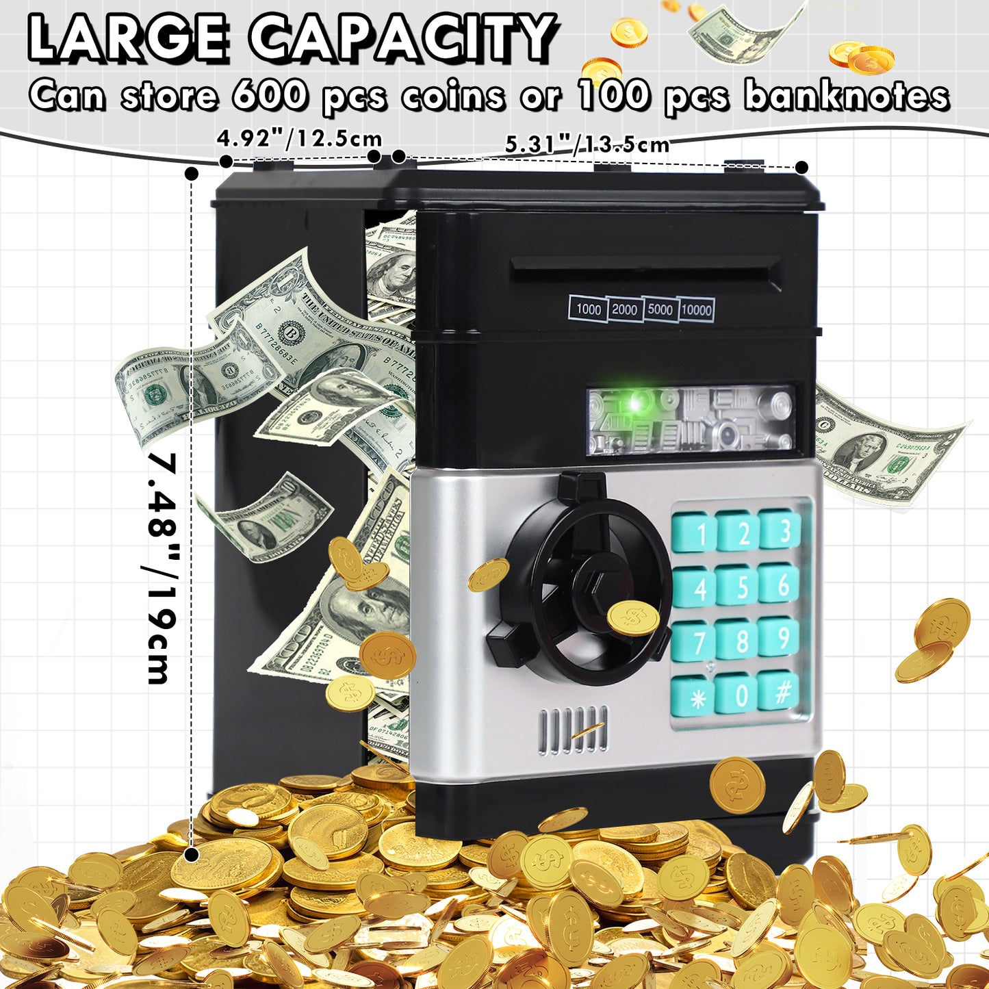 Piggy Banks for Kids, Money Bank, Piggy Bank for Boys Girls, Electronic Password Cash Coin Can ATM Bank with Auto Grab Bill Slot, Money Coin Saving Box for Kids, Perfect Gifts for Boys Girls, Black
