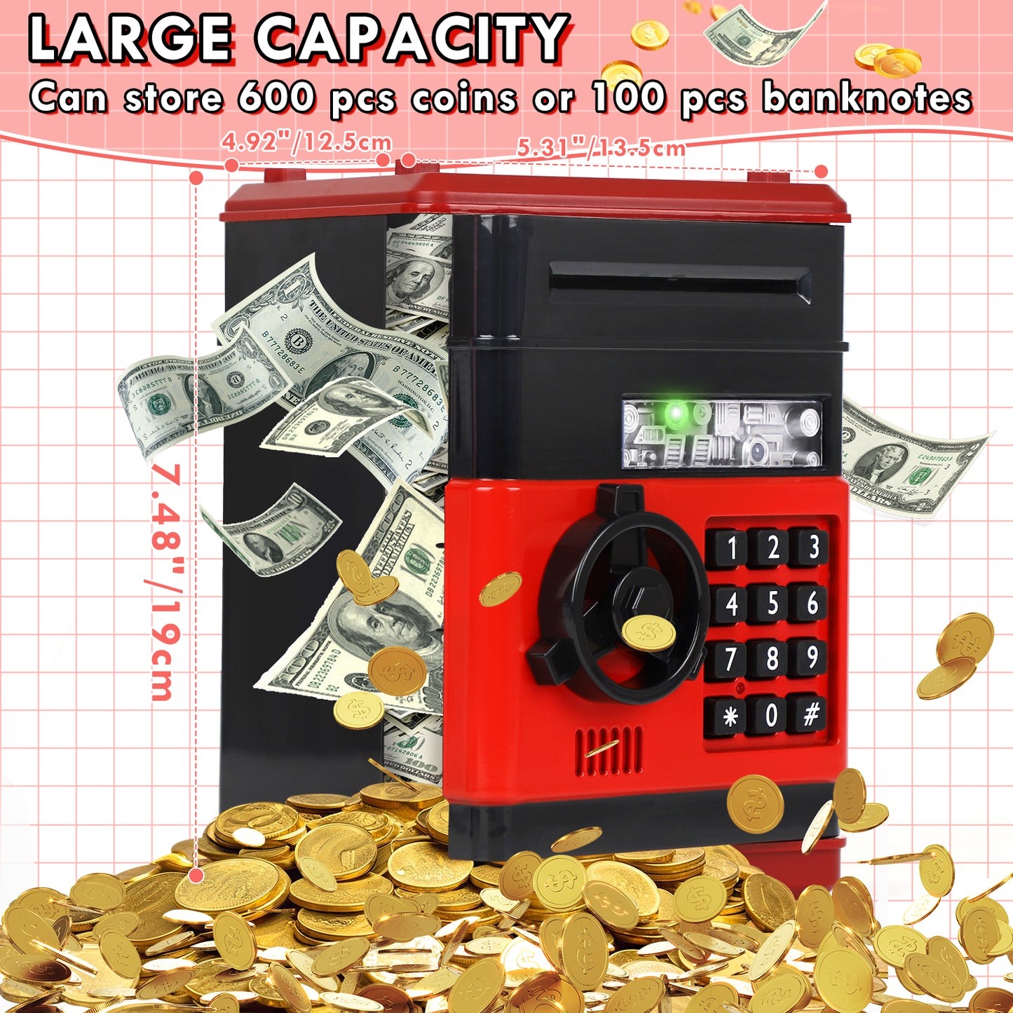 Piggy Banks for Kids, Money Bank, Piggy Bank for Boys Girls, Electronic Password Cash Coin Can ATM Bank with Auto Grab Bill Slot, Money Coin Saving Box for Kids, Perfect Gifts for Boys Girls