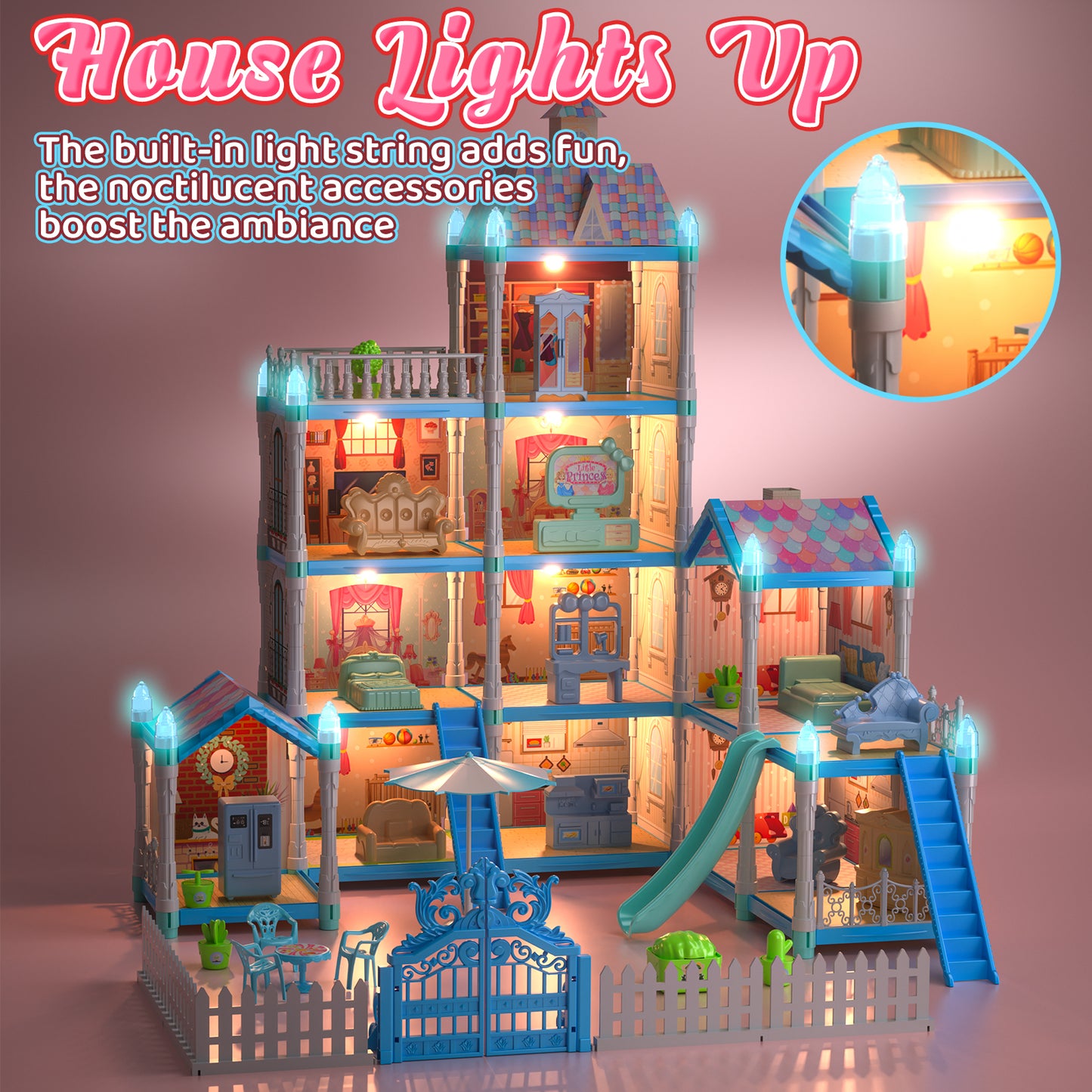 Dollhouse for Girls, 11 Rooms Huge Doll House with LED Lights, Noctilucent, 1 Doll, 2 Dogs, Furnitures, Pretend Play Toys for Girls, Best Birthdays Christmas Gift for Girls Age 3+