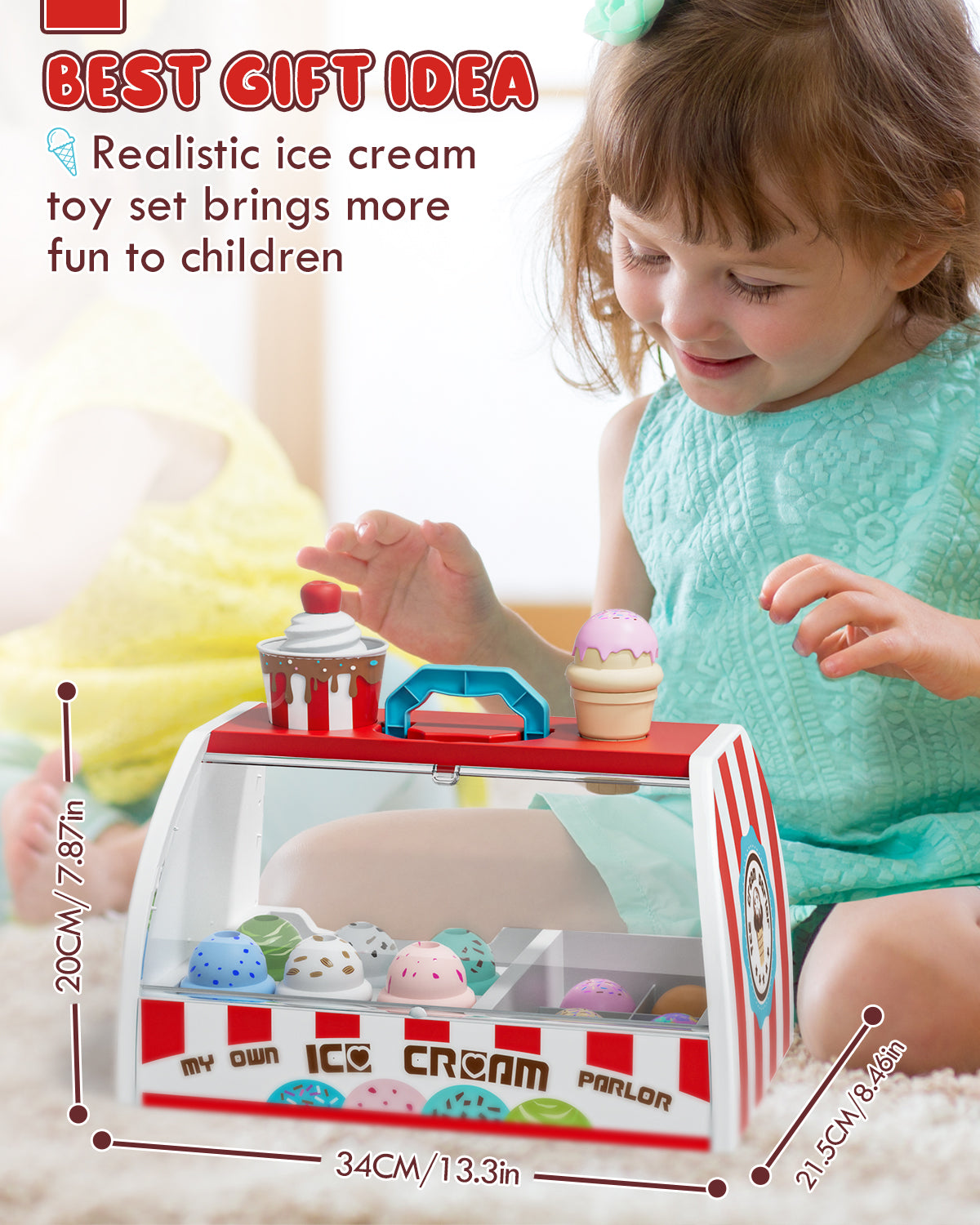 Ice Cream Toy Play Set for Kids, Pretend Play Food Accessories, Toy Food, Toys for Girls, Best Gift for 3 4 5 6 Year Old Girl or Boy -Red