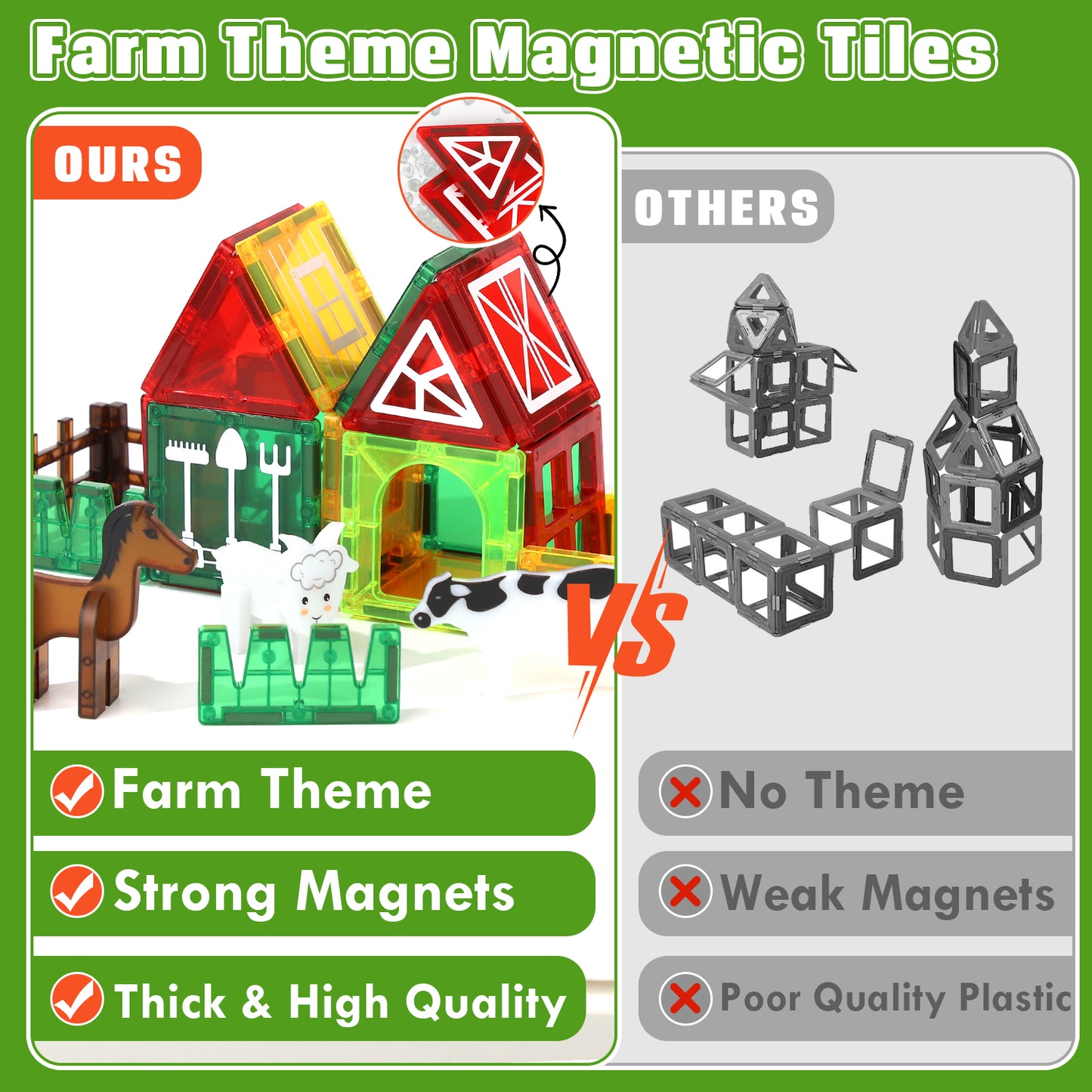 Magnetic Tiles, Farm Animals Theme 46 PCS Magnetic Blocks, Montessori Learning Toys for 3 to 4 Year, Magnetic Construction Toys for Toddlers 3-6 Years Old, Educational Toys for Boys Girls