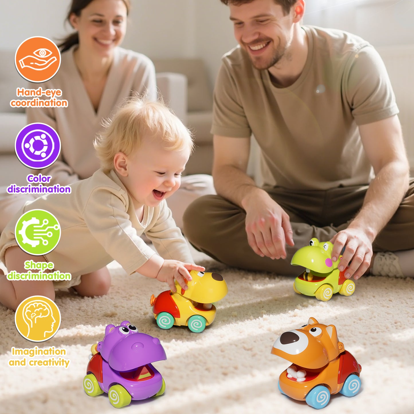 Toys for 1 Year Old Boys Gifts, 4pcs Baby Dinosaur Toy Cars 12 Month Car Toys, Cars for Girls 12-18 Months, Toy Cars For Toddlers for Infant 1 2 3 Year Old Girl 1st Birthday Gift