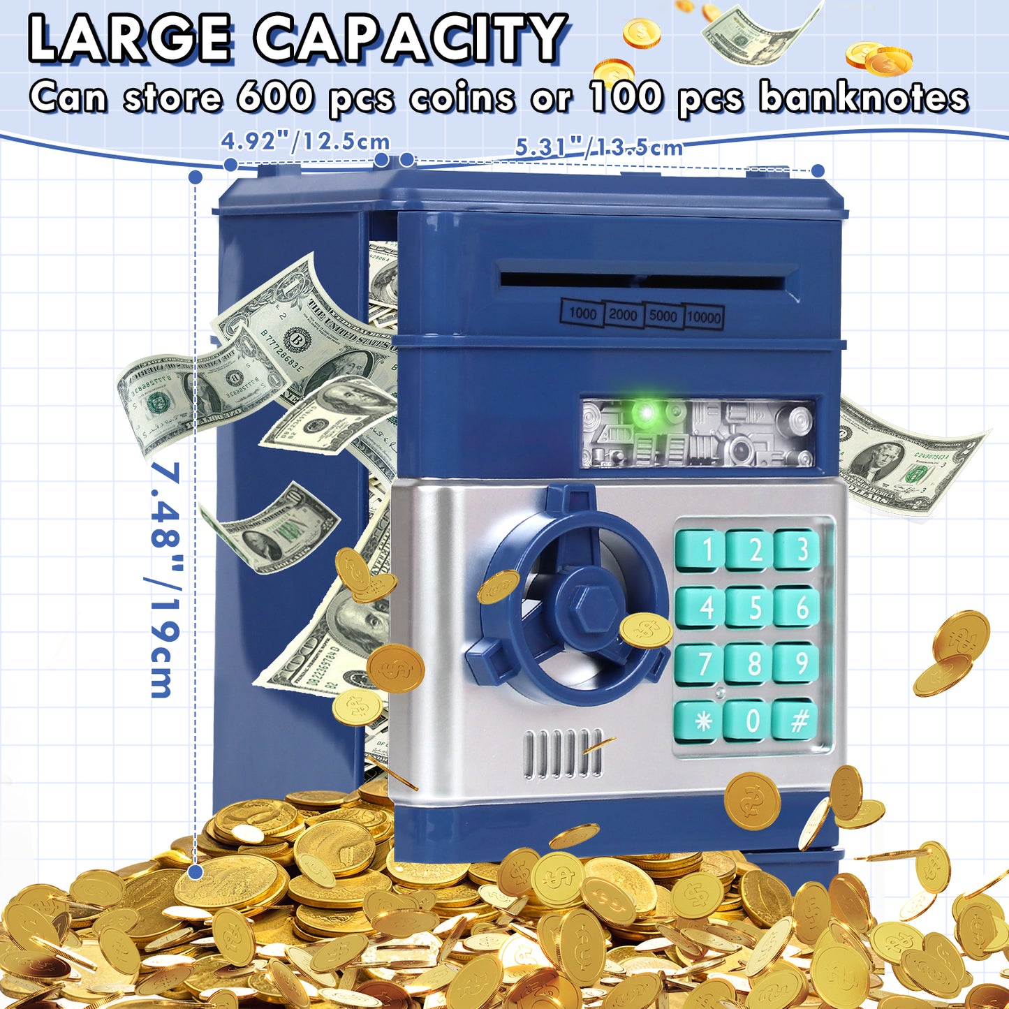 Piggy Banks for Kids, Money Bank, Piggy Bank for Boys Girls, Electronic Password Cash Coin Can ATM Bank with Auto Grab Bill Slot, Money Coin Saving Box for Kids, Perfect Gifts for Boys Girls, Blue
