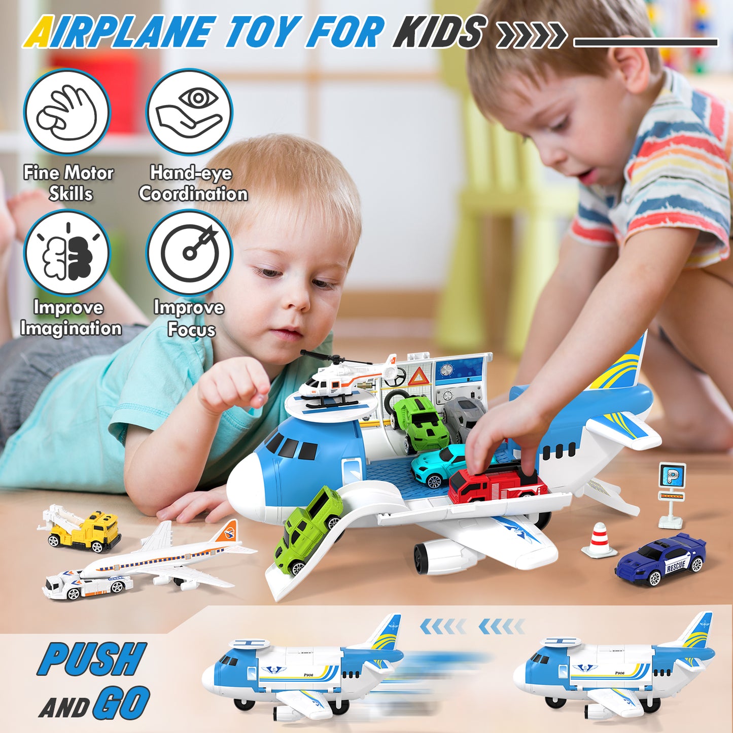 Airplane Toys, Toddler Toys for 2+ Year Old Boys, Transport Airplane with 6 Race Cars, 6 Carrier Cars, 2 Airplanes, 1 Helicopter, 1 Map, Boy Toys Planes for Kids, Best Gifts for 3 4 5+ Years Old Boys