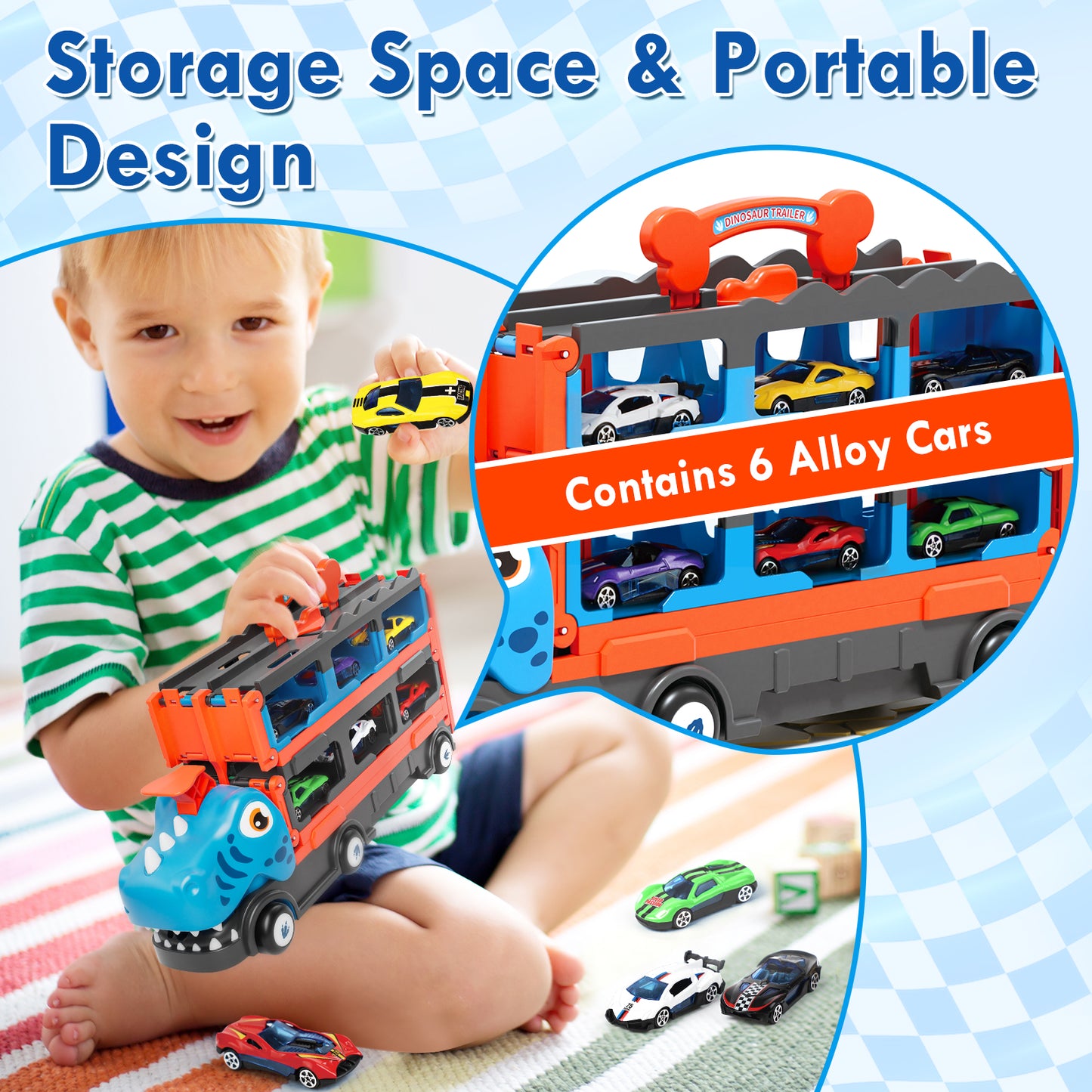 Dinosaur Toy Trucks Cars for Kids, Transport Truck Car Toys, Toddler Toys for 2 3 4 Years Old Boys, Carrier Truck Toy Cars for Toddlers with 6 Racing Cars, 62.5" Race Track, Best Gift for Boys Girls
