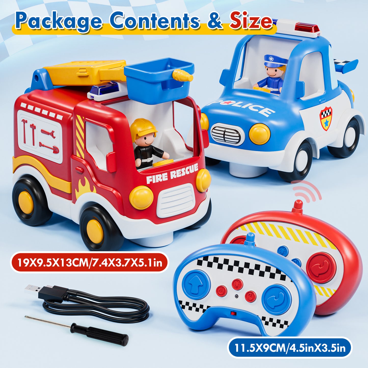 2 Packs Remote Control Cars for Toddlers, Remote Control Toys with Lights & Music, Rechargeable RC Cars for Toddler Toys 2-3, Fire Truck & Police Car Toy for 2 Year Old Boy Toys for 2 3 4 Year Old
