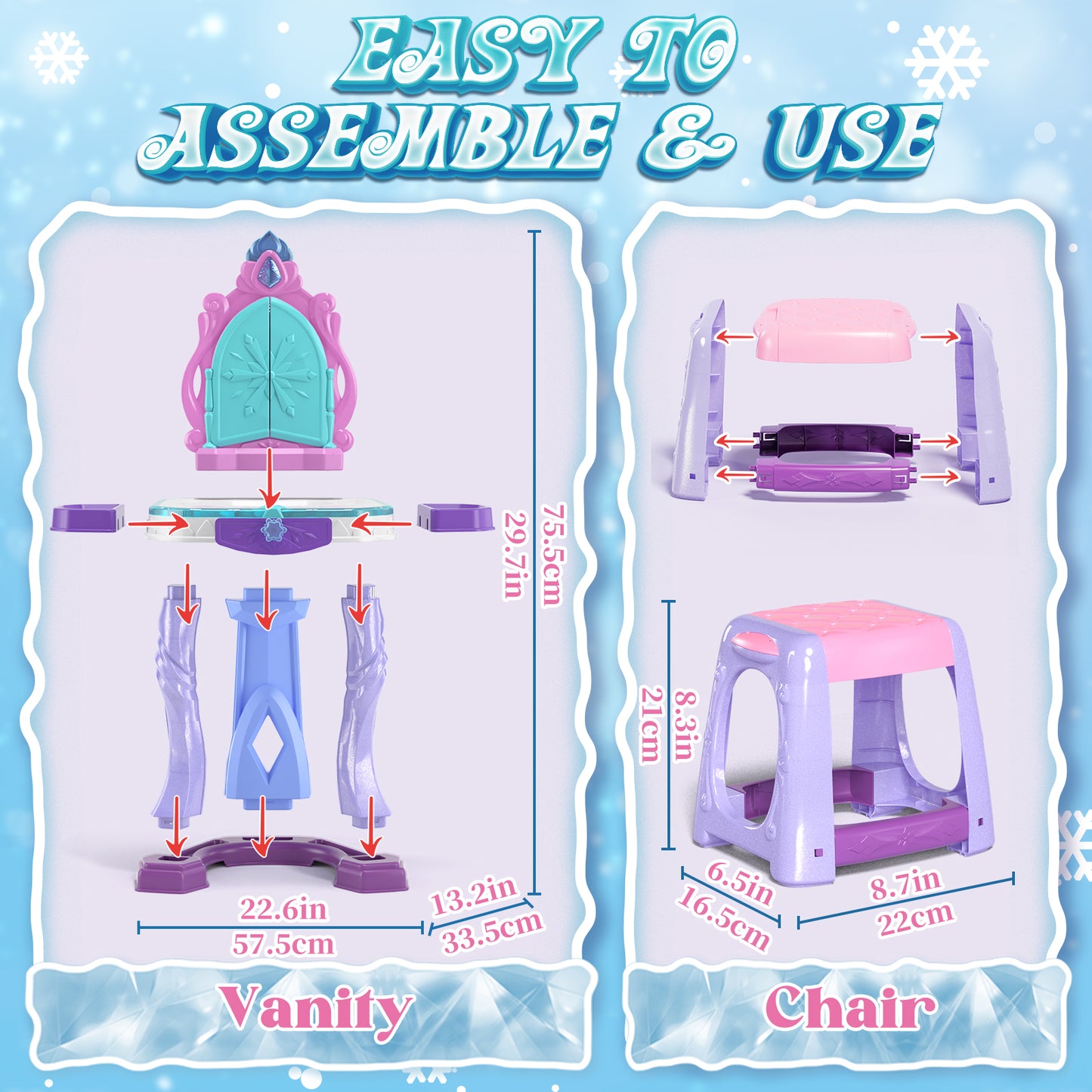 Kids Vanity Sets for Girls, Toddler Vanity Set Makeup Table for Kids, Girls Vanity with Mirror & Lights & Music Sound, Kids Makeup Vanity with Chair & Accessories, Toddler Toys for 2-5 Year Old Girls