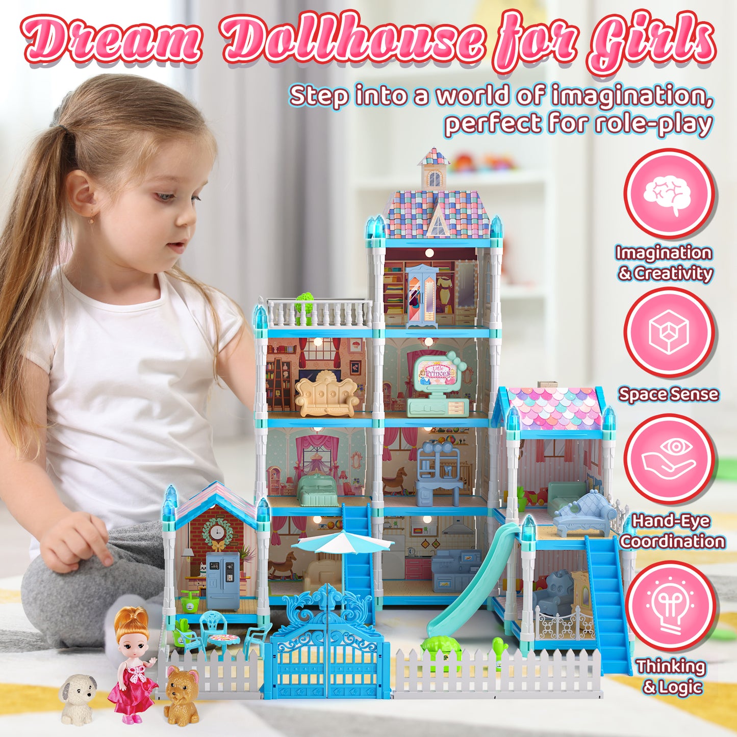 Dollhouse for Girls, 11 Rooms Huge Doll House with LED Lights, Noctilucent, 1 Doll, 2 Dogs, Furnitures, Pretend Play Toys for Girls, Best Birthdays Christmas Gift for Girls Age 3+