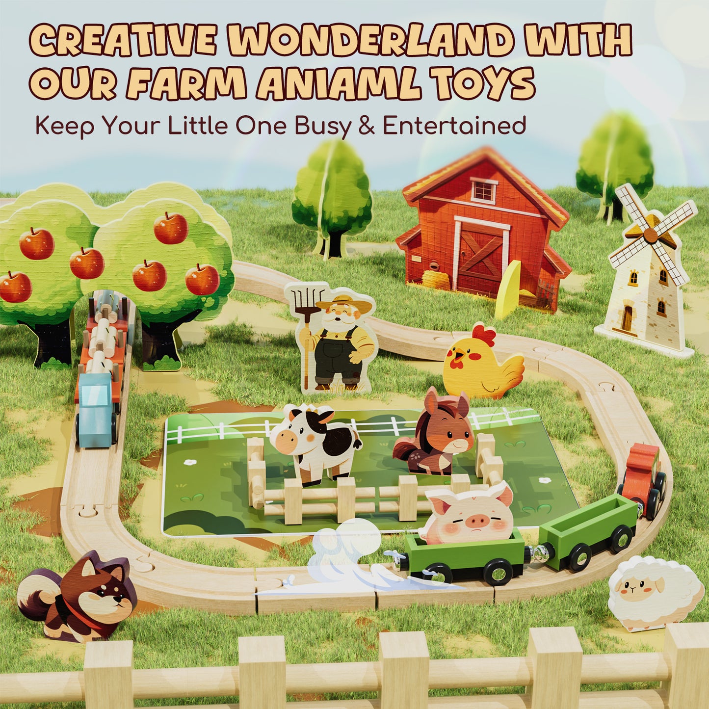 Train Set, Wooden Train Set for Kids, Train Toys for Toddlers, Toy Train with Train Tracks, Wooden Farm Toys for Kids 2 3 4 5+ Years Old, Great Gift for Boys Girls - Compatible with Other Brands