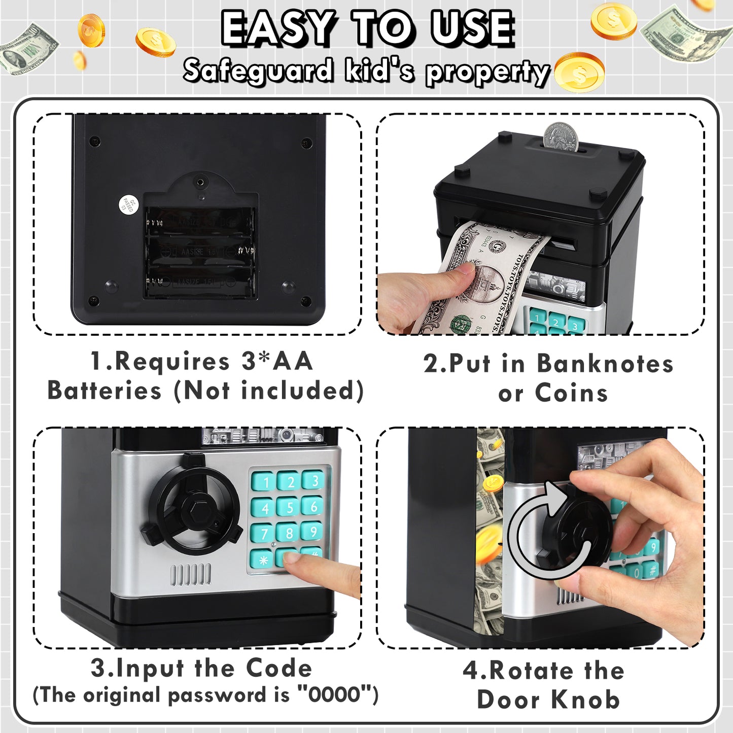Piggy Banks for Kids, Money Bank, Piggy Bank for Boys Girls, Electronic Password Cash Coin Can ATM Bank with Auto Grab Bill Slot, Money Coin Saving Box for Kids, Perfect Gifts for Boys Girls, Black