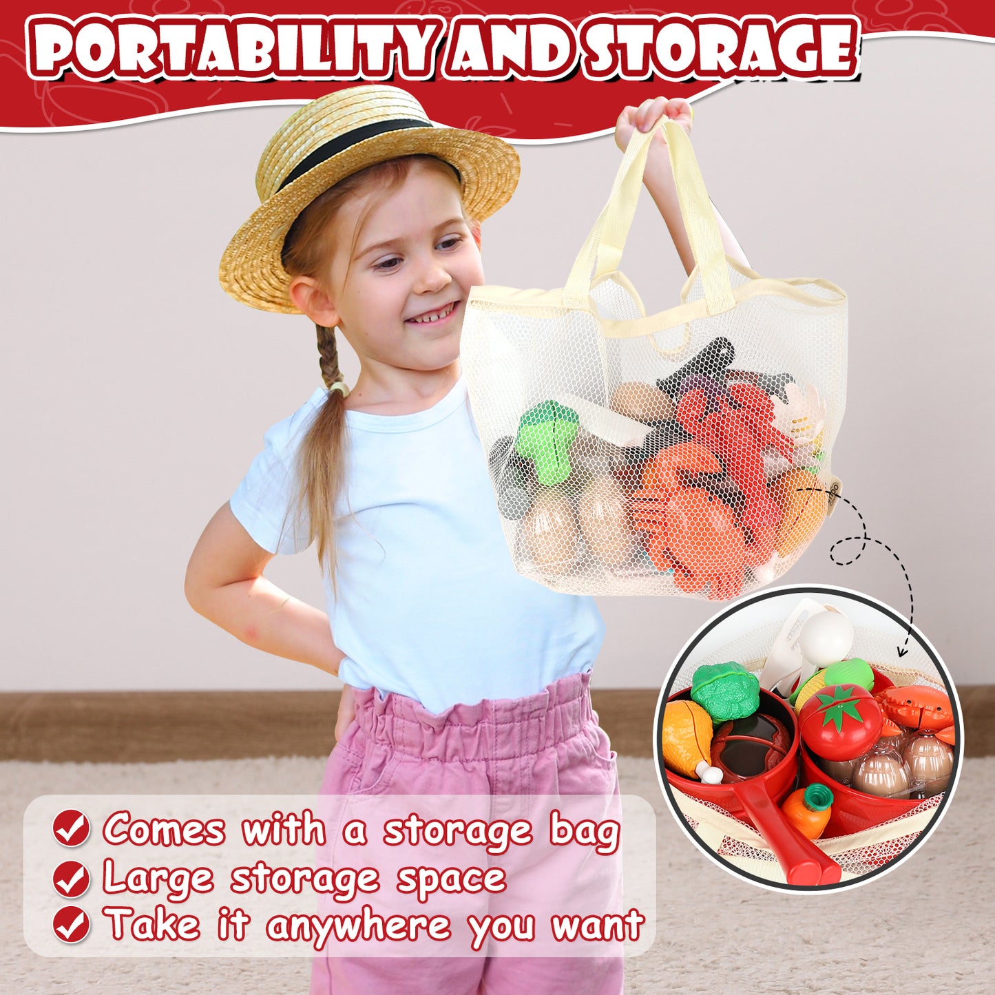 Play Food 34 Pcs, Kitchen Set for Kids, Kitchen Toys, Pretend Play Kitchen Accessories, Cutting Toy Food with Pans, Pot and Utensils, Preschool Learning Education Toddler Toys, Gifts for Girls Boys