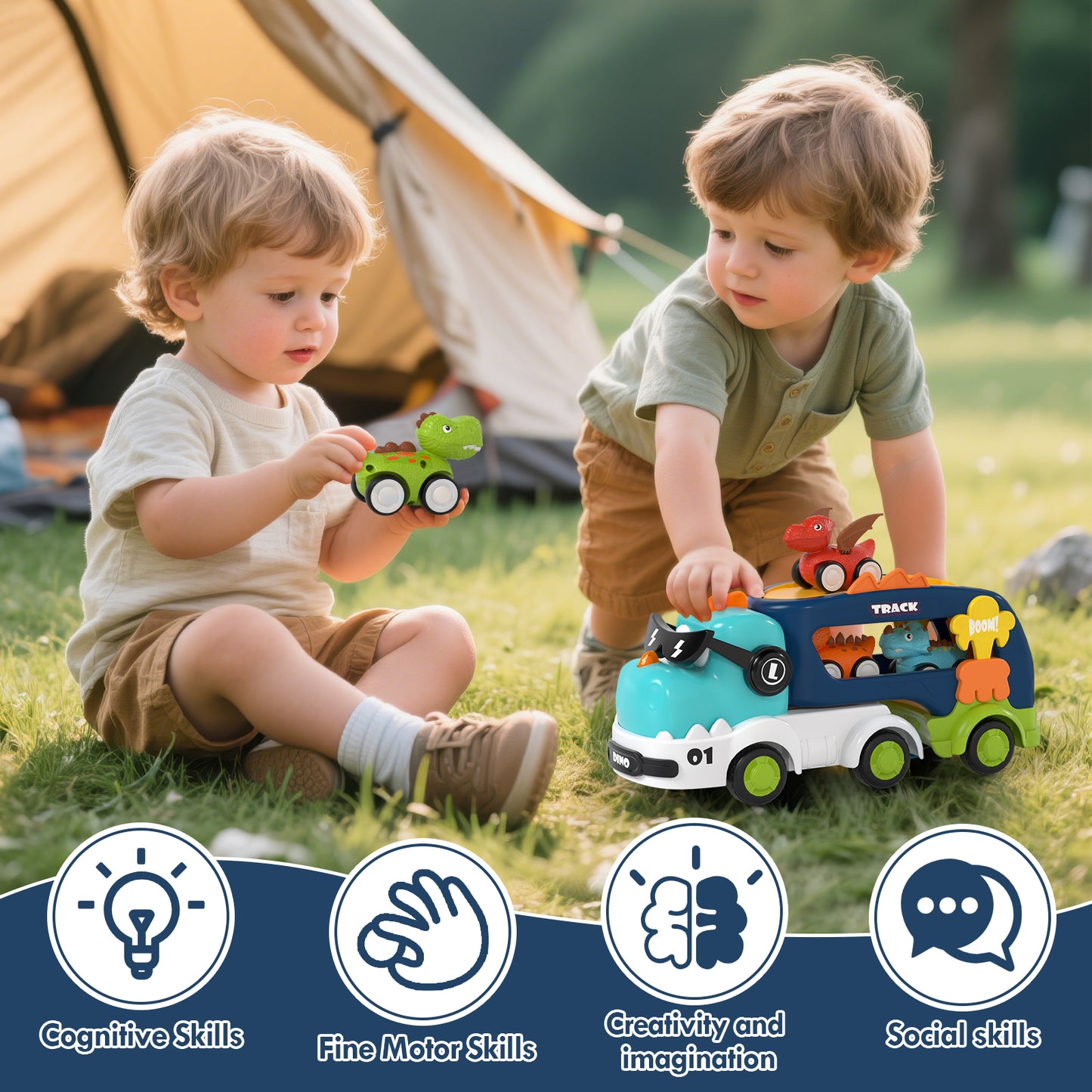 Toddler Toys for Boys 2 3 4 5+ Years Old, Dinosaur Toy Cars with Lights & Sounds, Toy Trucks Car for Boys, Pull Back Cars Baby Toys, 5 in 1 Car Carrier Truck Toy Sets, Best Birthday Christmas Gifts