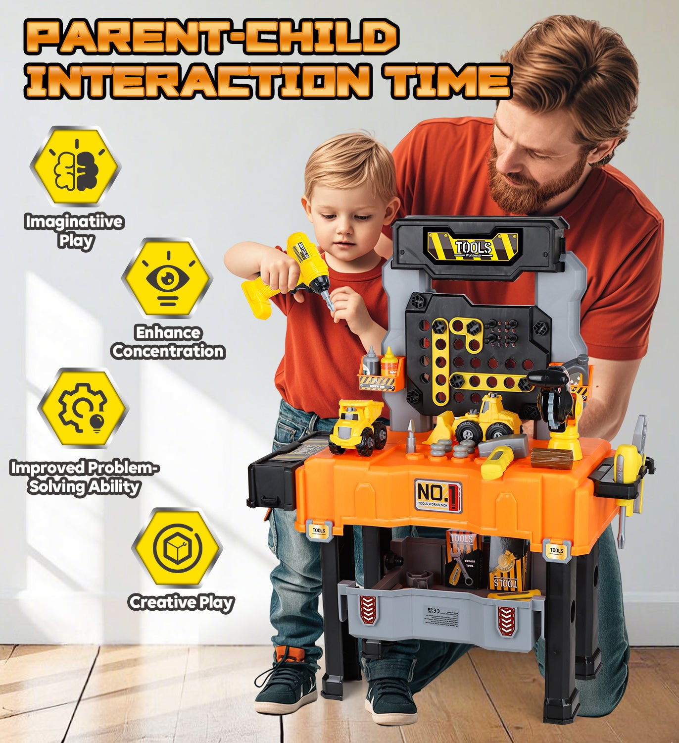 Kids Tool Bench Play Set, Educational Boy Toys, Kids Tool Set, Foldable Kids Workbench with Realistic Tools & Electric Drill & Take Apart Toy Cars, Construction Toys for Boys Age 2 3 Birthday Gifts