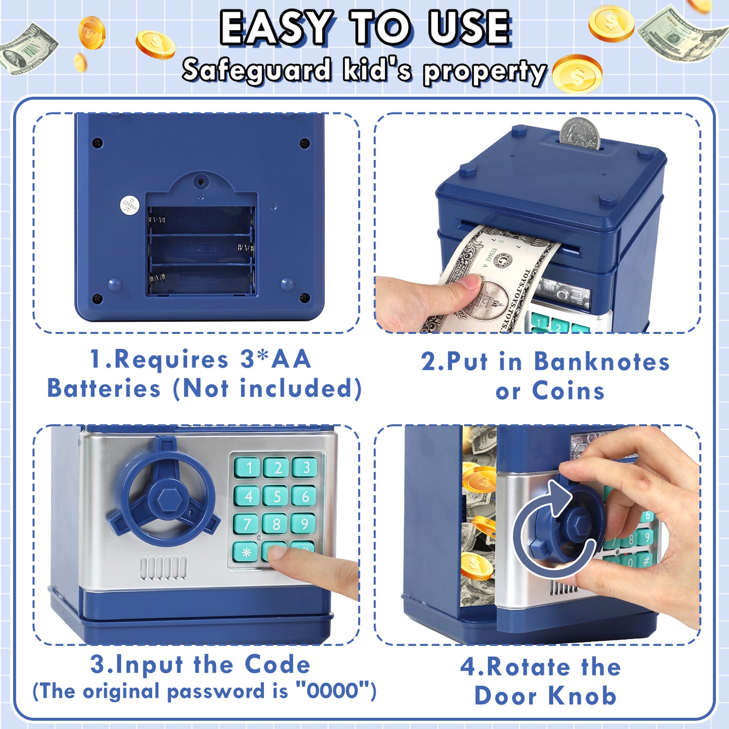 Piggy Banks for Kids, Money Bank, Piggy Bank for Boys Girls, Electronic Password Cash Coin Can ATM Bank with Auto Grab Bill Slot, Money Coin Saving Box for Kids, Perfect Gifts for Boys Girls, Blue