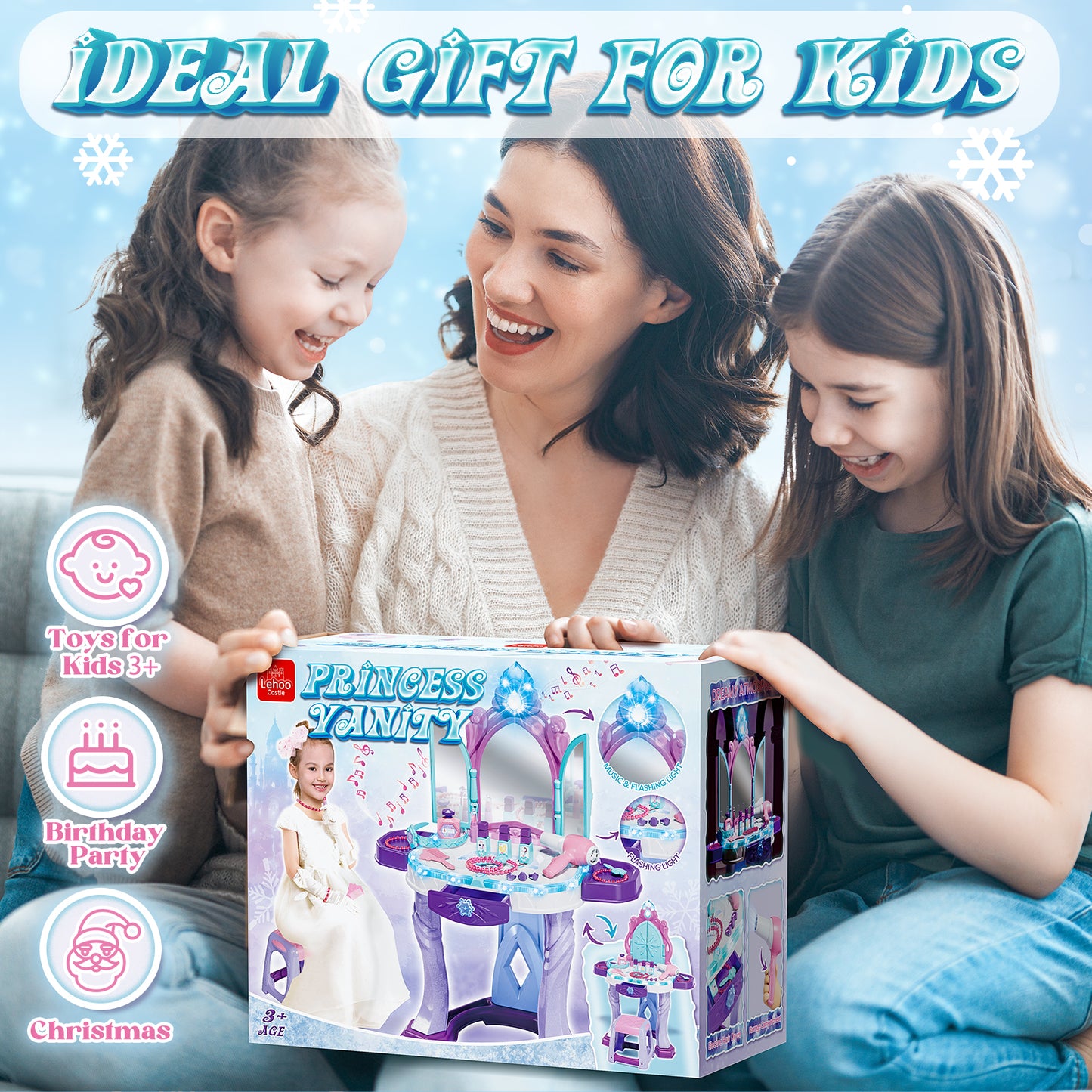 Kids Vanity Sets for Girls, Toddler Vanity Set Makeup Table for Kids, Girls Vanity with Mirror & Lights & Music Sound, Kids Makeup Vanity with Chair & Accessories, Toddler Toys for 2-5 Year Old Girls