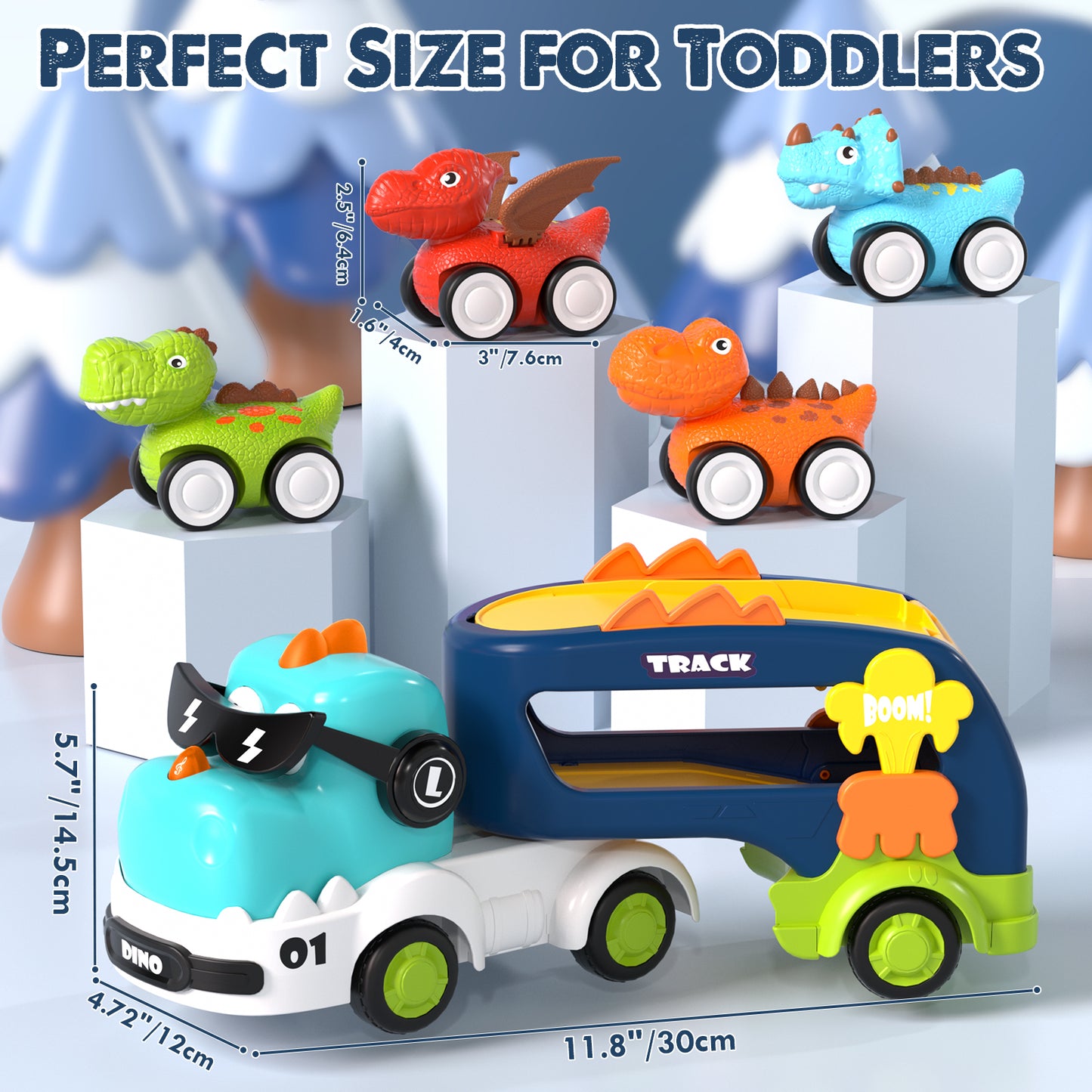 Toddler Toys for Boys 2 3 4 5+ Years Old, Dinosaur Toy Cars with Lights & Sounds, Toy Trucks Car for Boys, Pull Back Cars Baby Toys, 5 in 1 Car Carrier Truck Toy Sets, Best Birthday Christmas Gifts
