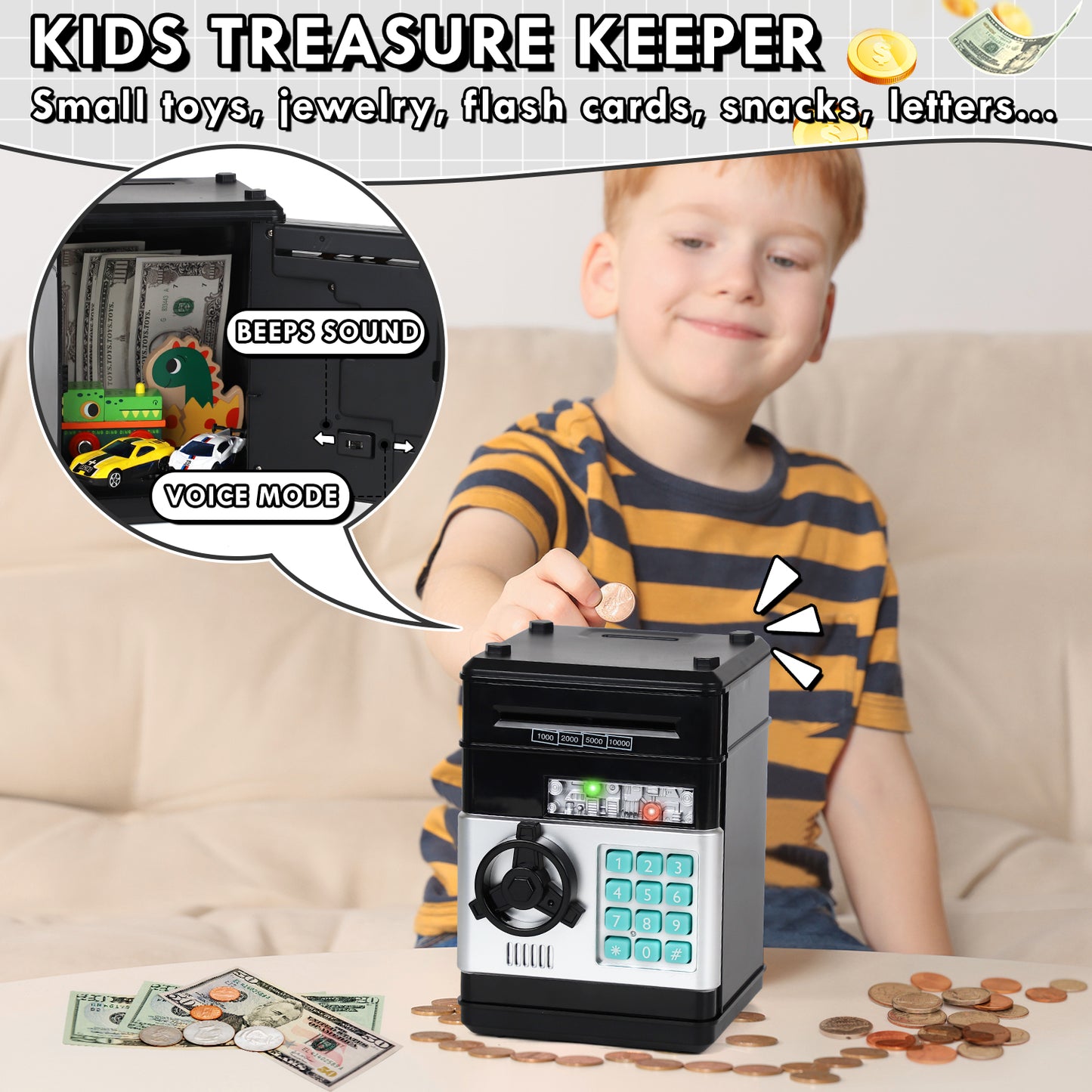 Piggy Banks for Kids, Money Bank, Piggy Bank for Boys Girls, Electronic Password Cash Coin Can ATM Bank with Auto Grab Bill Slot, Money Coin Saving Box for Kids, Perfect Gifts for Boys Girls