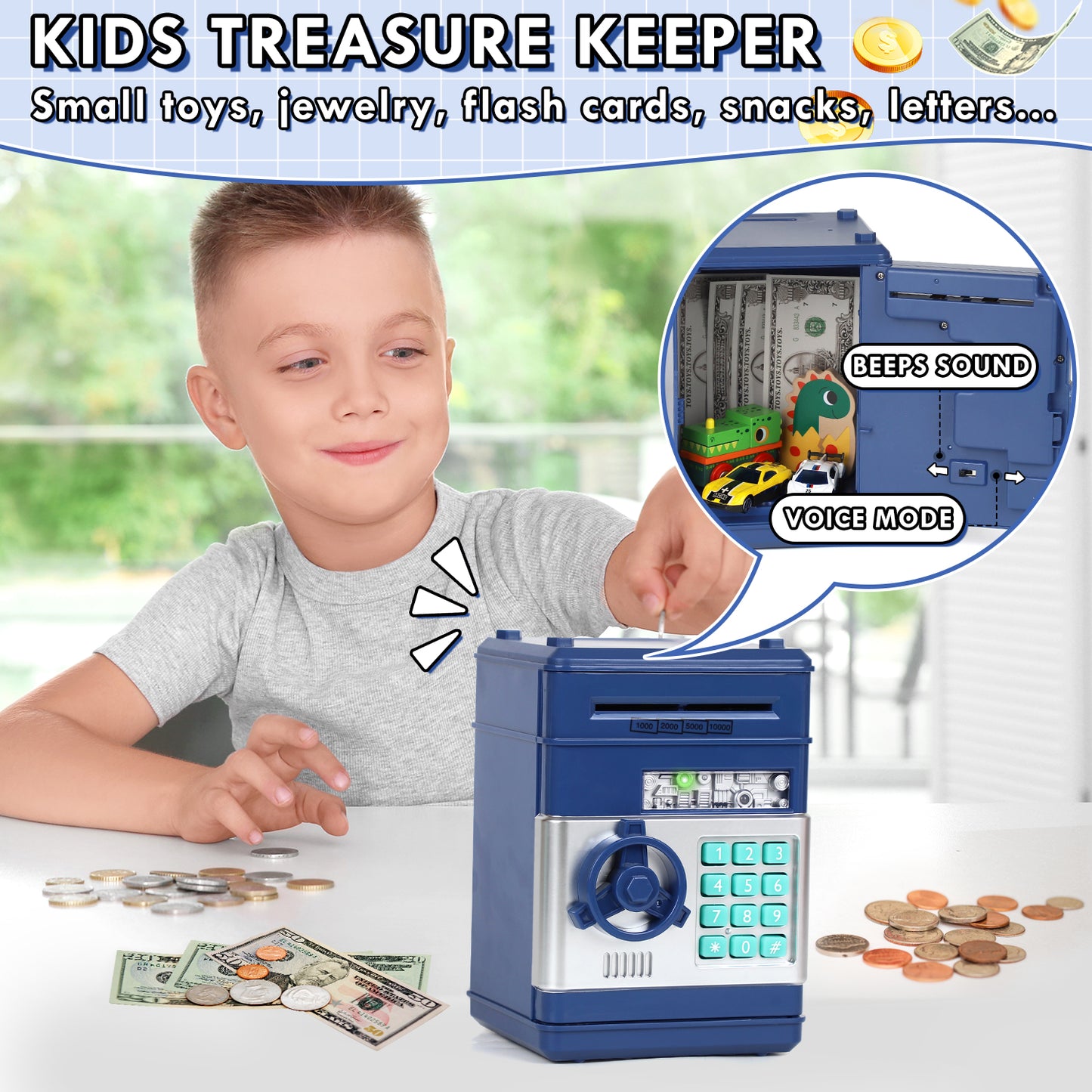 Piggy Banks for Kids, Money Bank, Piggy Bank for Boys Girls, Electronic Password Cash Coin Can ATM Bank with Auto Grab Bill Slot, Money Coin Saving Box for Kids, Perfect Gifts for Boys Girls