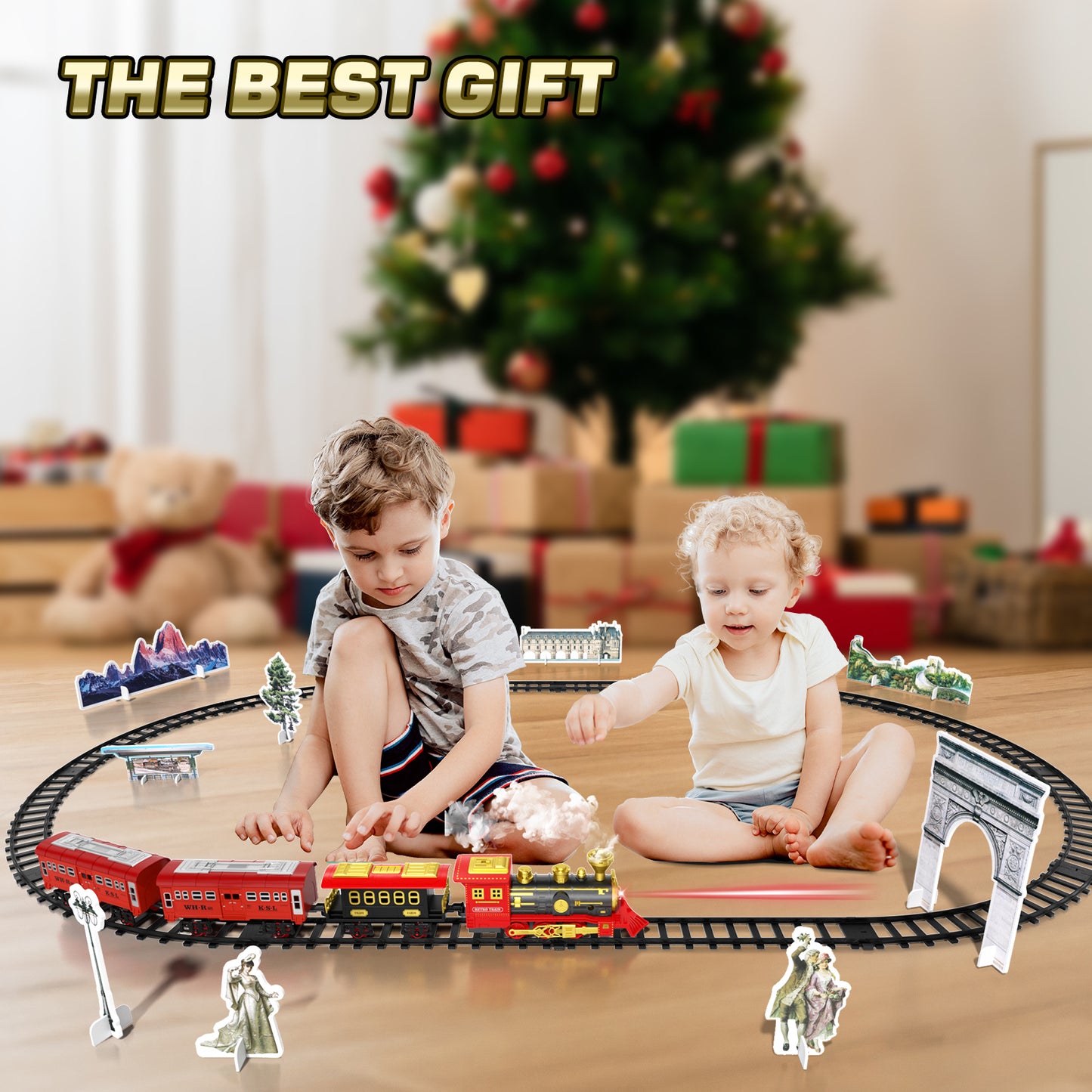 Train Set, Train Toys for Toddlers with Smoke, Lights & Sound, Toy Train with Train Tracks, Rechargeable Steam Train Sets for Kids 2 3 4 5 6 7 8+ Years Old, Birthday Christmas Gift for Boys Girls