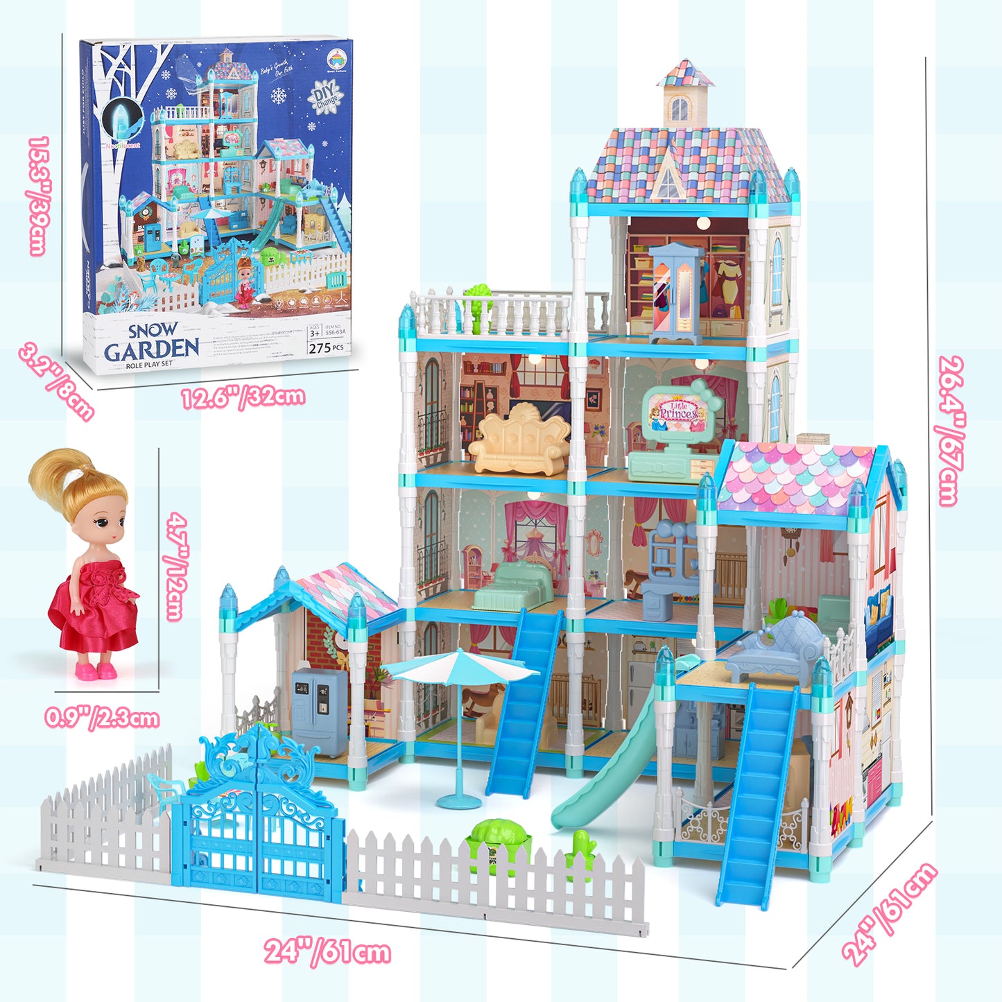 Dollhouse for Girls, 11 Rooms Huge Doll House with LED Lights, Noctilucent, 1 Doll, 2 Dogs, Furnitures, Pretend Play Toys for Girls, Best Birthdays Christmas Gift for Girls Age 3+