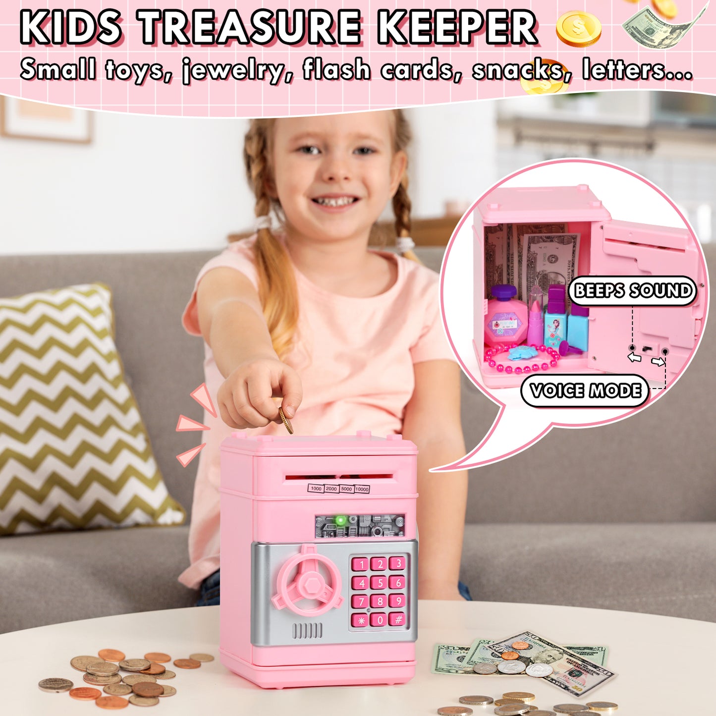 Piggy Banks for Kids, Money Bank, Piggy Bank for Boys Girls, Electronic Password Cash Coin Can ATM Bank with Auto Grab Bill Slot, Money Coin Saving Box for Kids, Perfect Gifts for Boys Girls, Pink