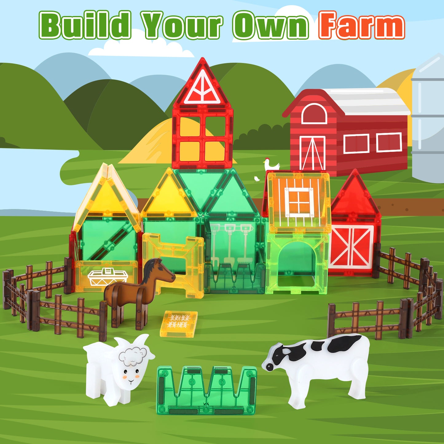 Magnetic Tiles, Farm Animals Theme 46 PCS Magnetic Blocks, Montessori Learning Toys for 3 to 4 Year, Magnetic Construction Toys for Toddlers 3-6 Years Old, Educational Toys for Boys Girls