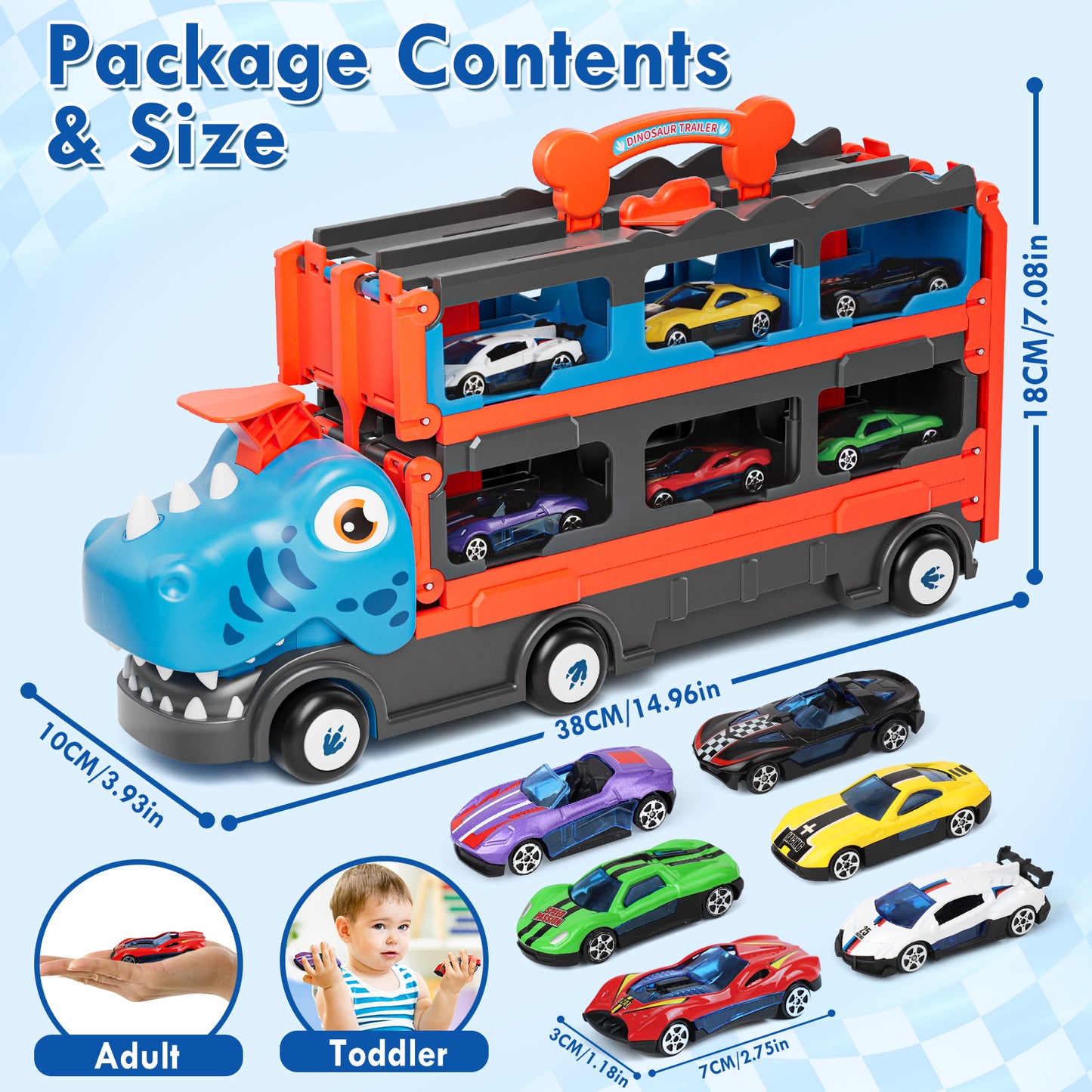 Dinosaur Toy Trucks Cars for Kids, Transport Truck Car Toys, Toddler Toys for 2 3 4 Years Old Boys, Carrier Truck Toy Cars for Toddlers with 6 Racing Cars, 62.5" Race Track, Best Gift for Boys Girls