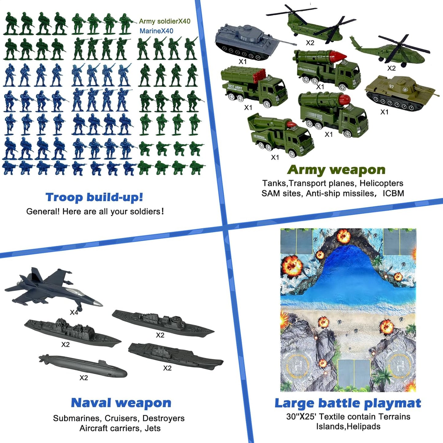 Army Toys, Army Men Playset, Military Toys Set Includes Toy Soldiers Figures, Battle Mat, Submarine, Casemate, Army and Navy Weapon Gear Accessories, Army Toys for Boys Age 4-12
