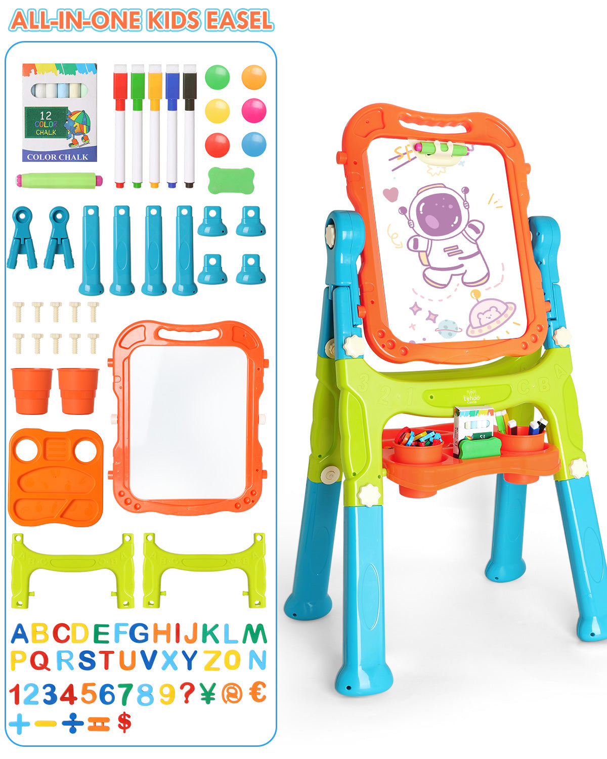 Easel for Kids, 4 in 1 Rotatable Double Sided Adjustable Standing Kids Art Easel Drawing Board White Board Chalkboard with Painting Accessories - Green