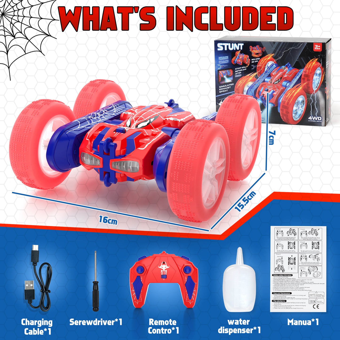 Remote Control Cars, RC Cars Toys for 3 4 5 6 7 8 9 10 Year Old Boys Toy, 2.4Ghz Fast Stunt, 360° Rotating Stunt Cars for Age 8-12 Outdoor Toys, w/LED & Smoke, Birthday Christmas Gift
