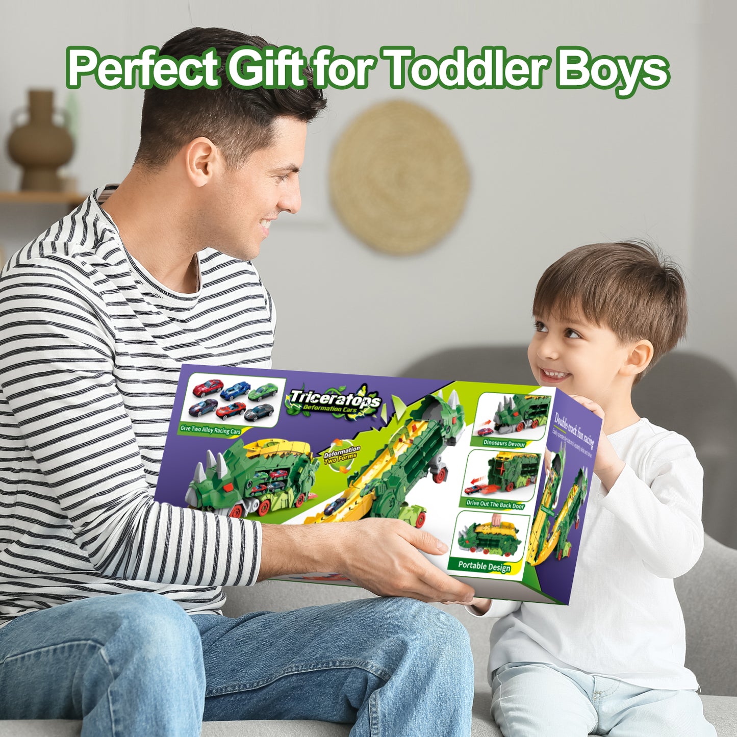 Toddler Toys for 2 Year Old Boys, Dinosaur Toy Trucks, Toy Car Race Track Set with 8 Die-Cast Car Toys, Dinosaur Hauler, Boys Toys Ages 3 to 4, Best Birthday Christmas Gifts for Boys and Girls