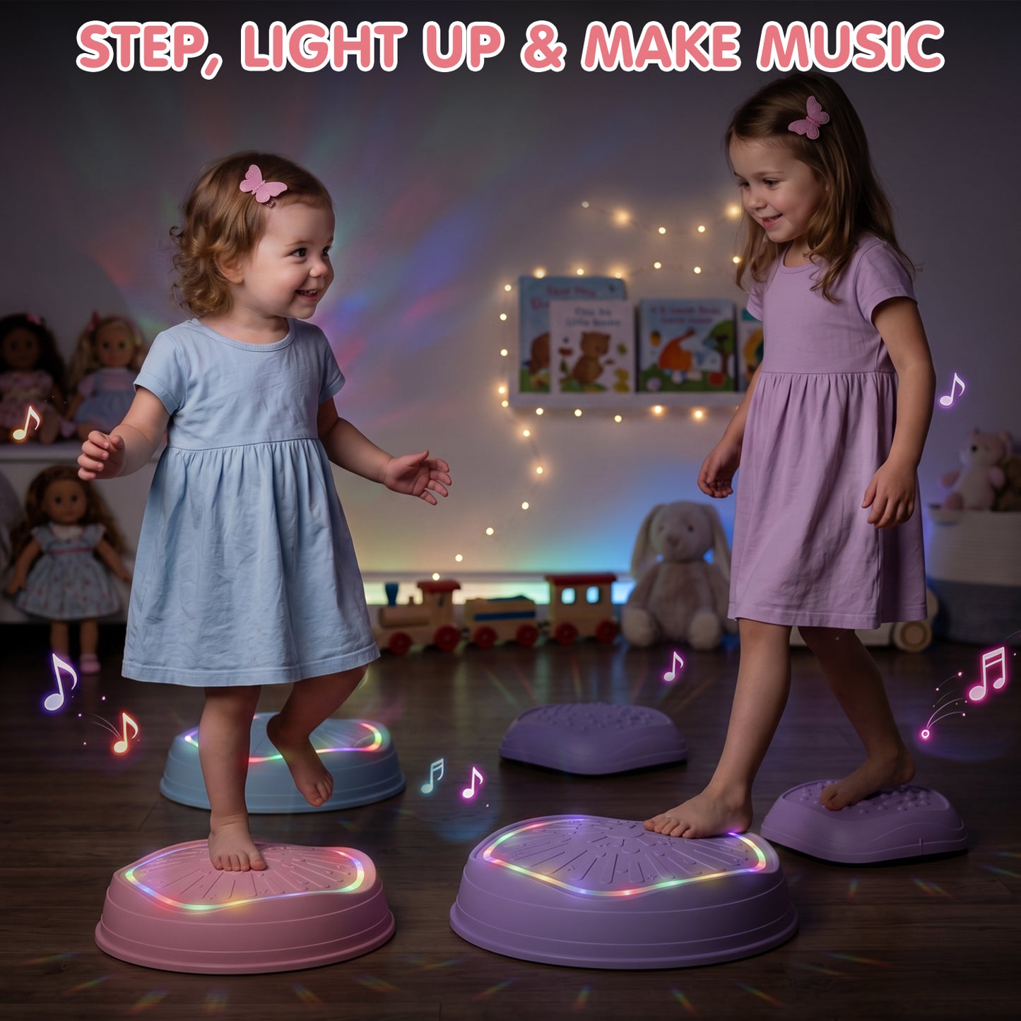Stepping Stones for Kids, Upgraded Toddler Stepping Stones with Lights & Sounds, 5 Pcs Non-Slip Balance Stepping Stones, Up to 220 lbs, Coordination Skills Sensory Toys for Ages 2 3 4 5 6+ Girls
