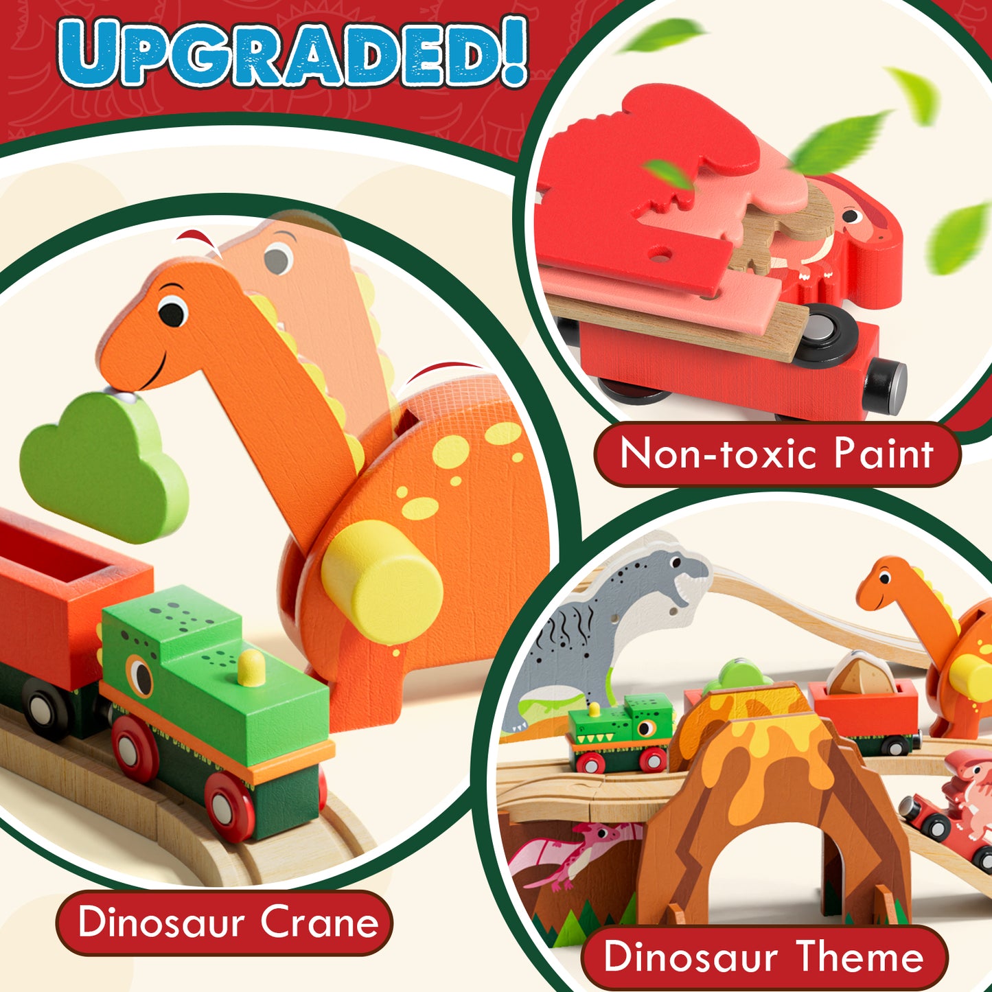 Train Set, Wooden Train Set for Kids, Train Toys for Toddlers, Toy Train with Train Tracks, Wooden Dinosaur Toys for Kids 2 3 4 5+ Years Old, Great Gift for Boys Girls - Compatible with Thomas Trains