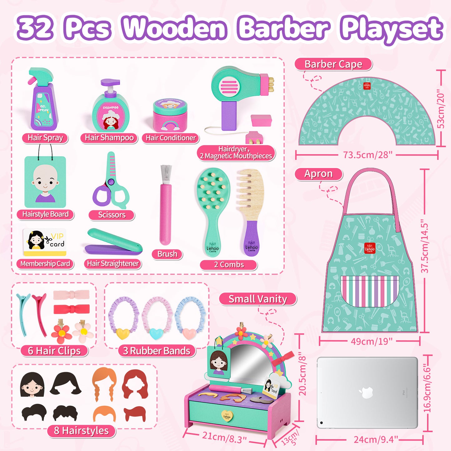 Kids Vanity Sets for Girls, Toddler Vanity Set, 32 PCS Wooden Kids Hair Salon Playset, Hairdressing Pretend Playset, Barber Pretend Hair Styling Set with Apron/Hair Dryer/Hair Accessories for Age 3+