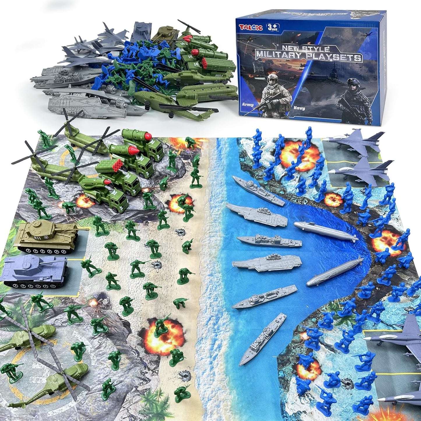 Army Toys, Army Men Playset, Military Toys Set Includes Toy Soldiers Figures, Battle Mat, Submarine, Casemate, Army and Navy Weapon Gear Accessories, Army Toys for Boys Age 4-12