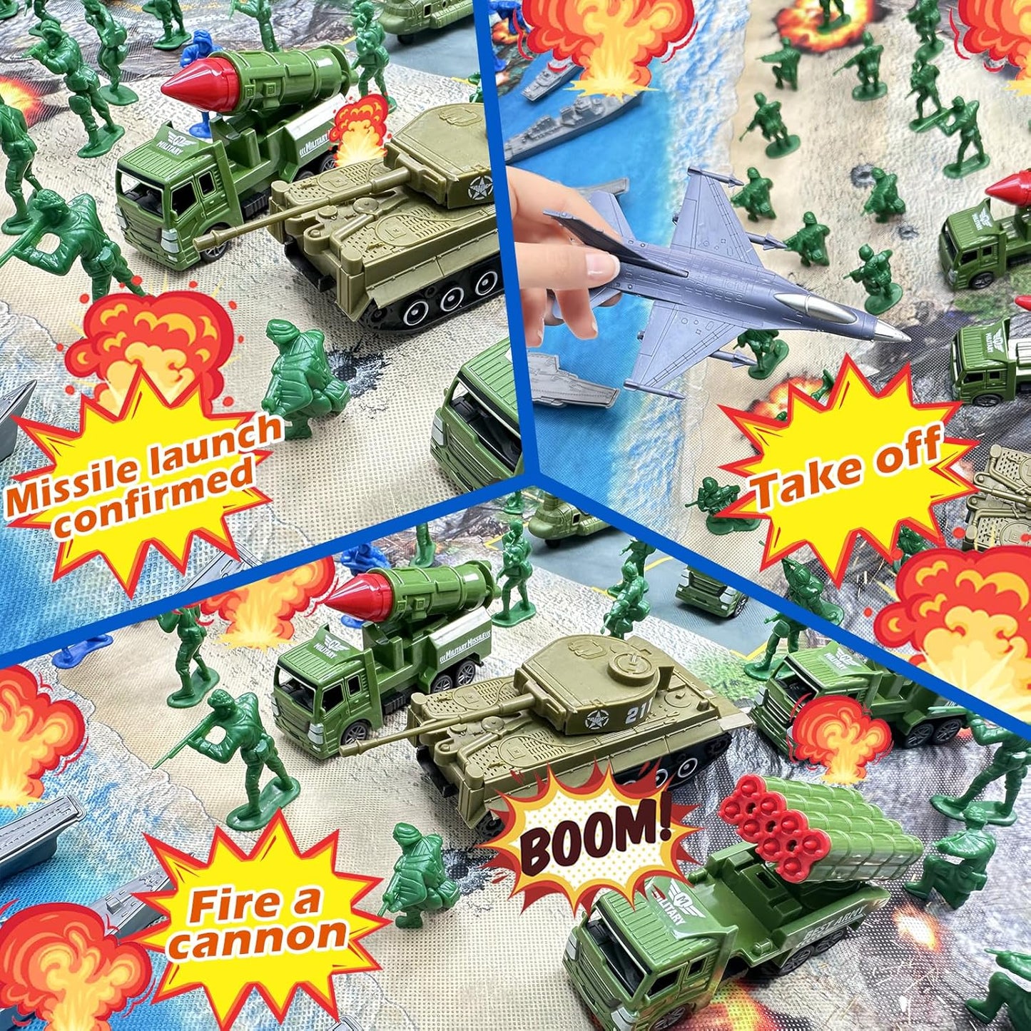 Army Toys, Army Men Playset, Military Toys Set Includes Toy Soldiers Figures, Battle Mat, Submarine, Casemate, Army and Navy Weapon Gear Accessories, Army Toys for Boys Age 4-12