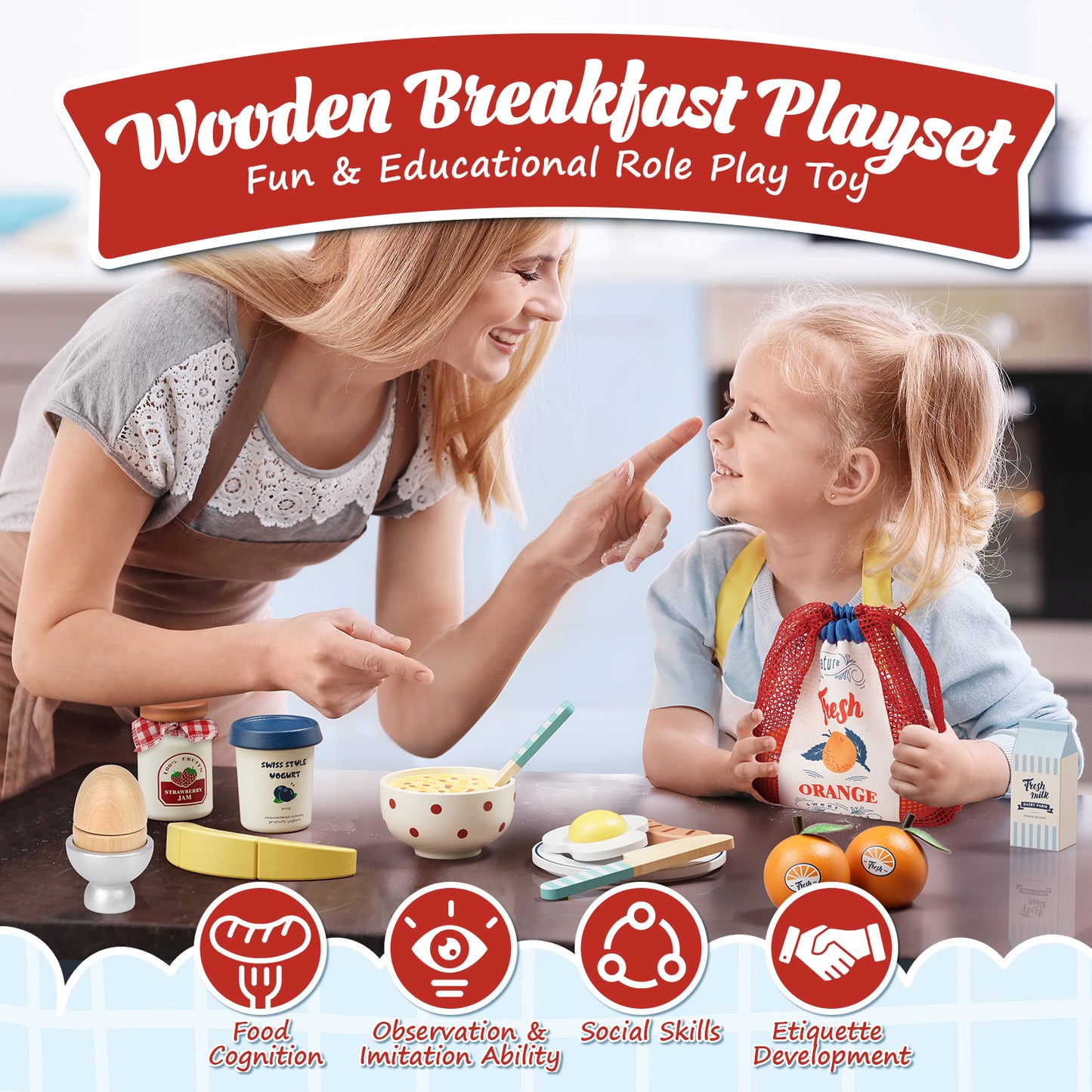 Play Food Sets, Wooden Play Food Set for Kids Kitchen Play Kitchen Accessories Kids Cutting Pretend Play Fake Food Toys for 3 4 5 6 7 Years Girls Boys Toddlers Toys