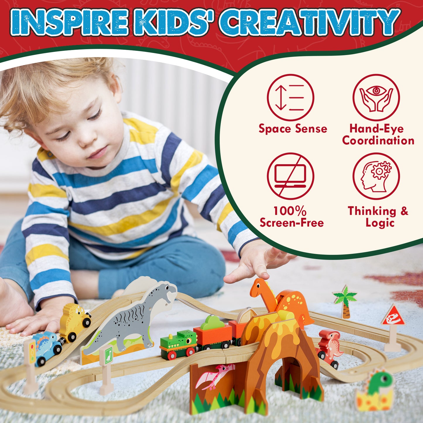 Train Set, Wooden Train Set for Kids, Train Toys for Toddlers, Toy Train with Train Tracks, Wooden Dinosaur Toys for Kids 2 3 4 5+ Years Old, Great Gift for Boys Girls - Compatible with Thomas Trains