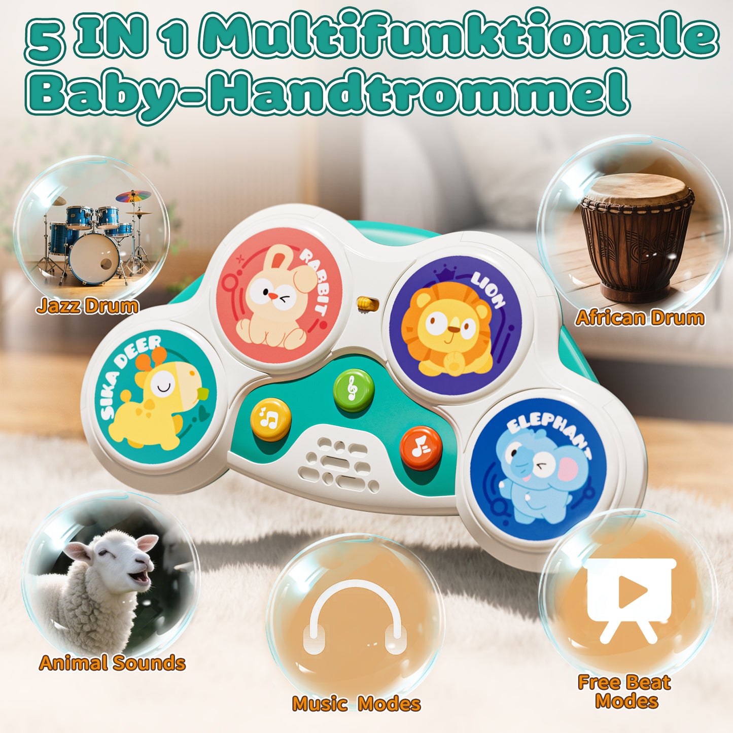 Kids Drum Set for Toddlers 1-3, Drum Set Toys for 1 2 3 Year Old Musical Toys, Animal Montessori Toys for 1 Year Old, Learning Educational Developmental Baby Toys 12-18 Mouth