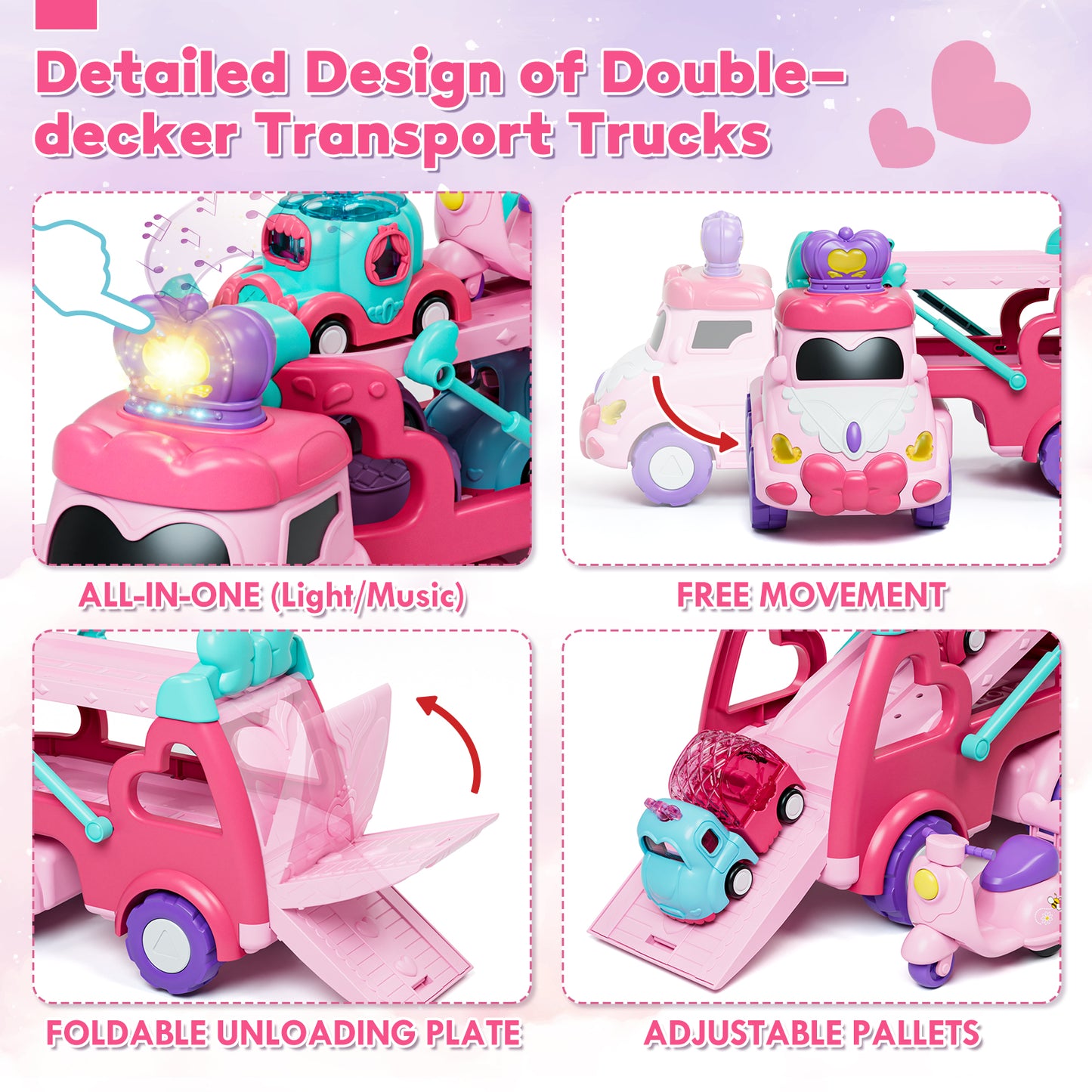 Toddler Girl Toys, Kids Toys for 2 Year Old Girl with Lights & Music, Toddler Toys Age 2 to 5 Girls, Toy Trucks Car for 2 3 4 5+ Years Old Girls 5 in 1 Car Carrier Toy Sets Birthday Christmas Gifts