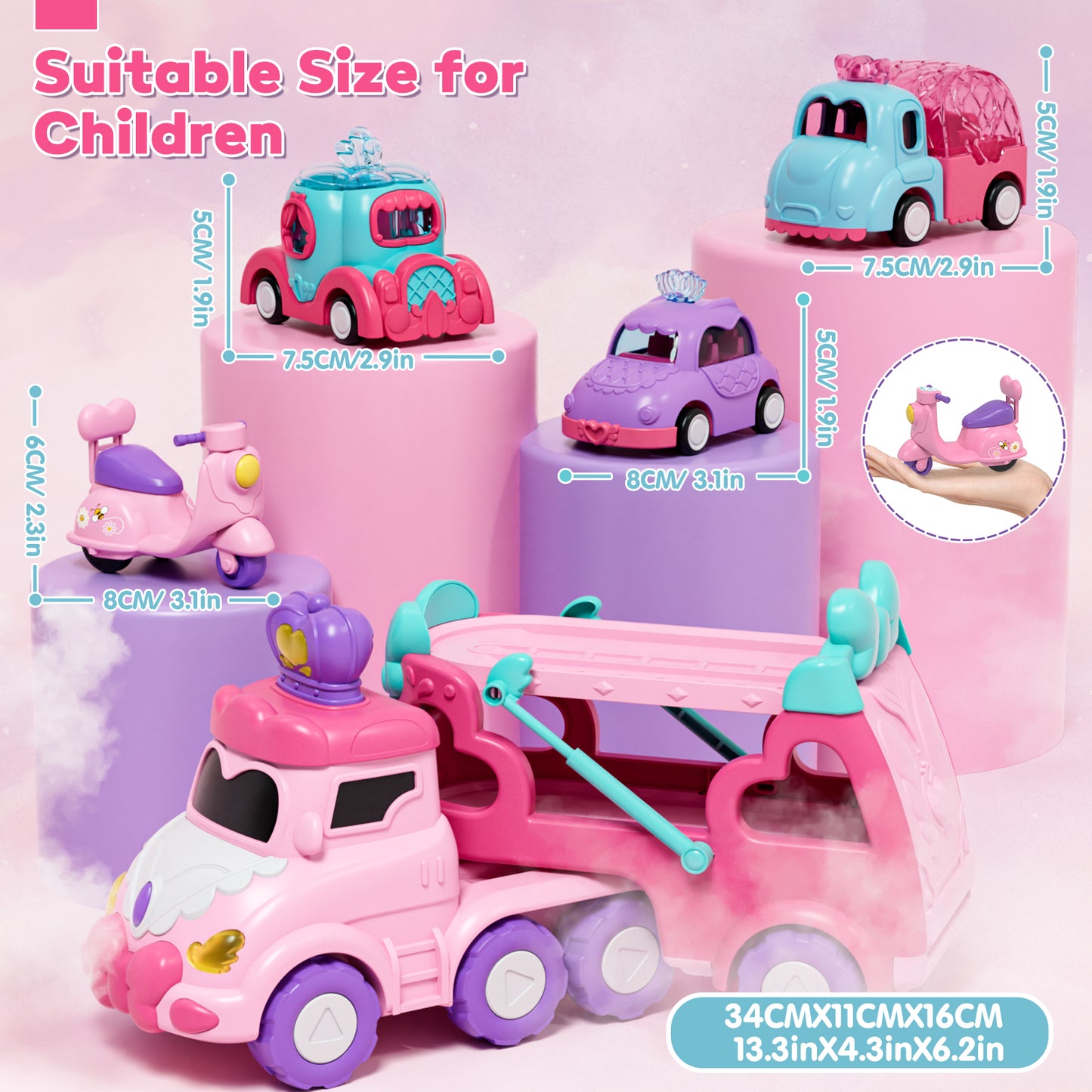 Toddler Girl Toys, Kids Toys for 2 Year Old Girl with Lights & Music, Toddler Toys Age 2 to 5 Girls, Toy Trucks Car for 2 3 4 5+ Years Old Girls 5 in 1 Car Carrier Toy Sets Birthday Christmas Gifts