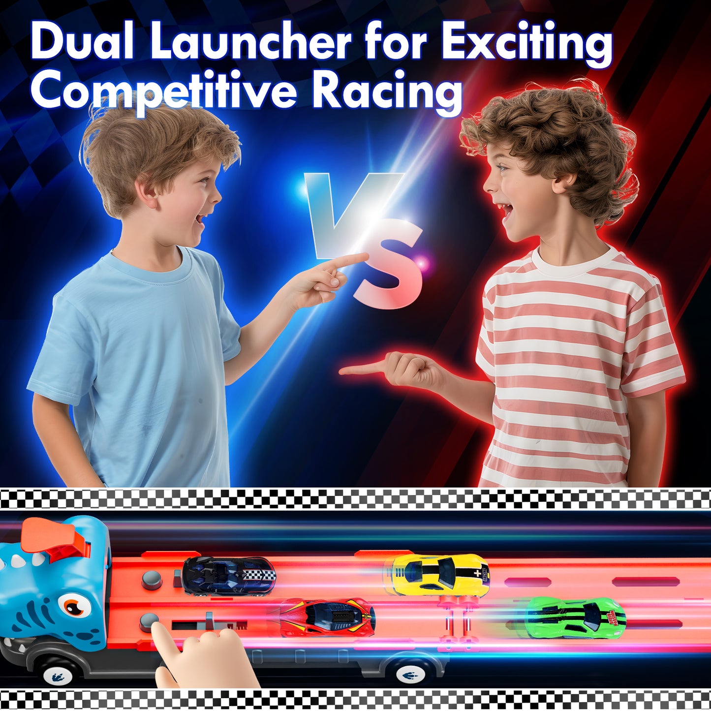 Dinosaur Toy Trucks Cars for Kids, Transport Truck Car Toys, Toddler Toys for 2 3 4 Years Old Boys, Carrier Truck Toy Cars for Toddlers with 6 Racing Cars, 62.5" Race Track, Best Gift for Boys Girls