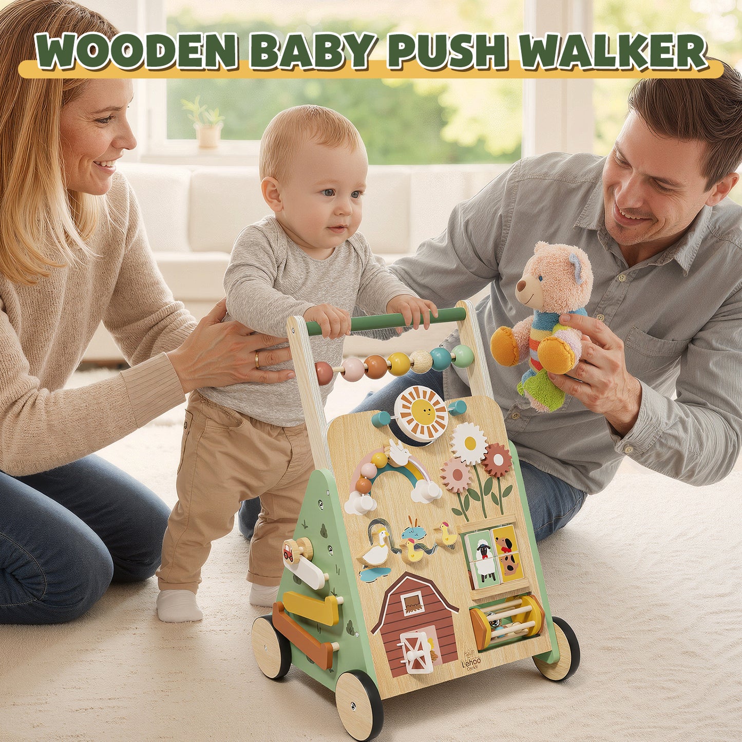 Baby Push Walker, Wooden Baby Walking Toys for 1 Year Old, Adjustable Speed Walker for Baby Boy Girls, Farm Theme Toddler Walker, Montessori Walker Toy, Sit to Stand Walker with Baby Activity Center