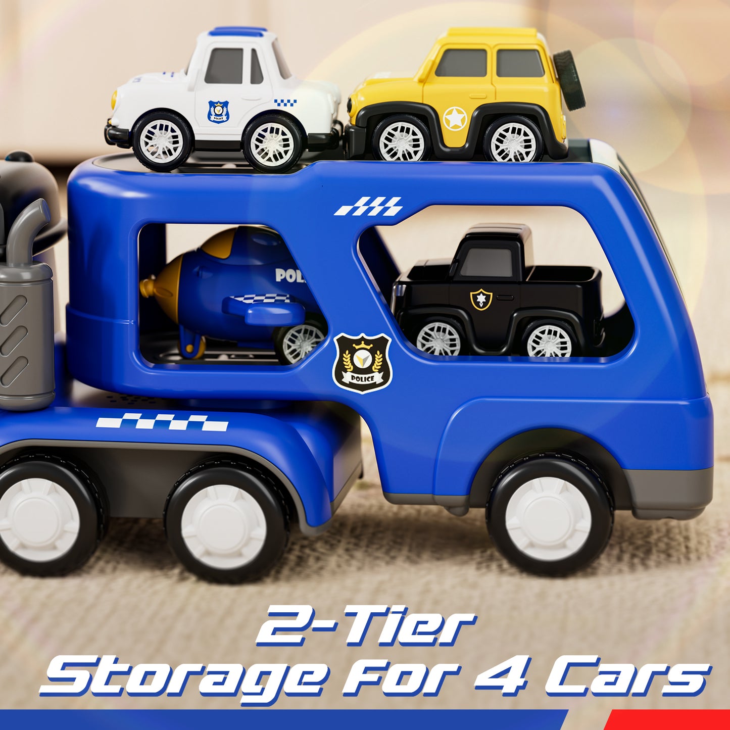 Toddler Boy Toys, Police Truck Toys Cars for 2 Year Old Boys w/Lights & Siren, Toy Trucks Transport Car, 3-layer Carrier Truck with 6 Police Cars, Race Track, Best Birthday Gift for Boys Girls