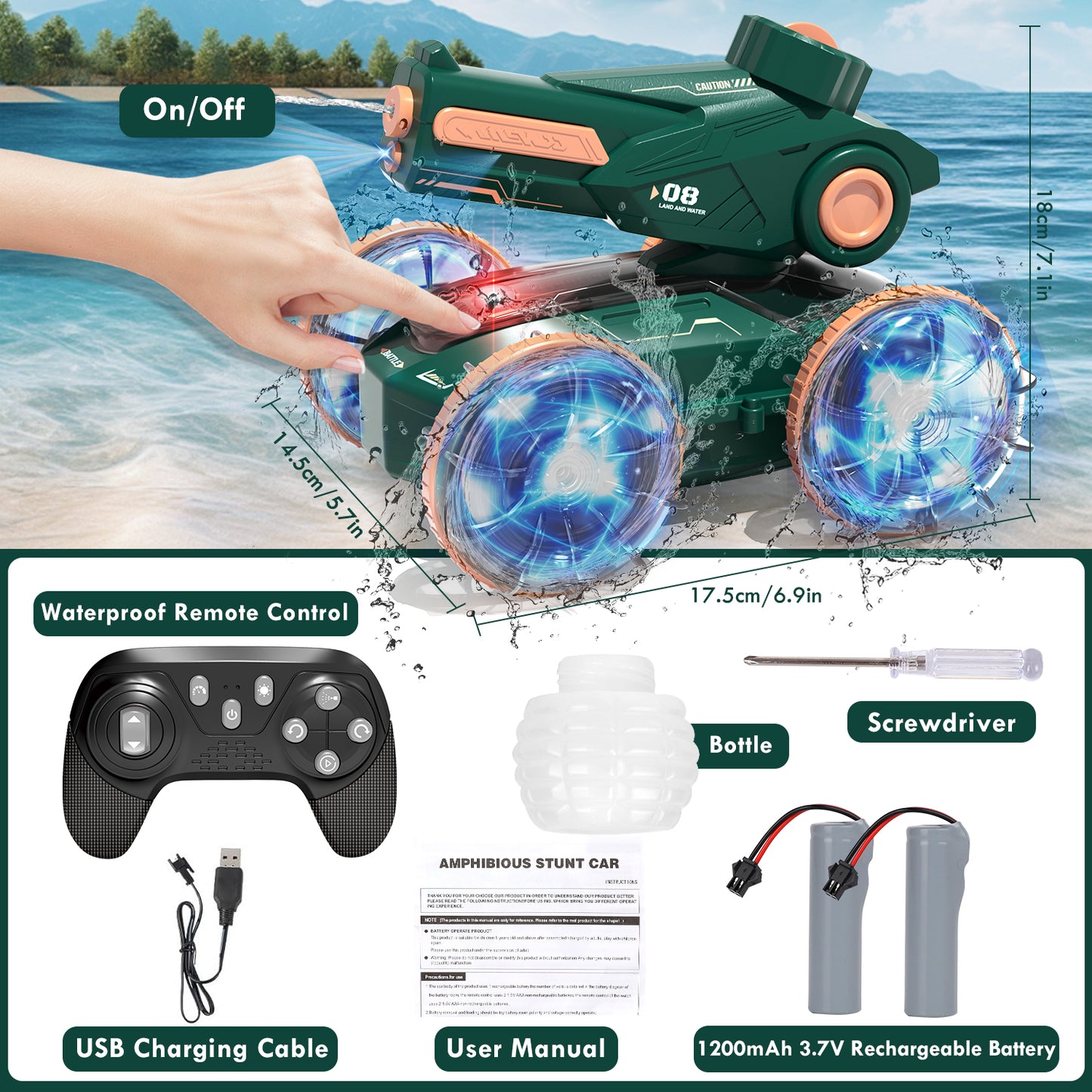 Remote Control Cars, 4WD Amphibious RC Boat for Kids, Truck with Water Spray & Light, 2.4 GHz RC Toy Cars for Boys, Water Pool Toys for Outdoor, Perfect Gift for 5 8 10+ Years Old Boys Girls