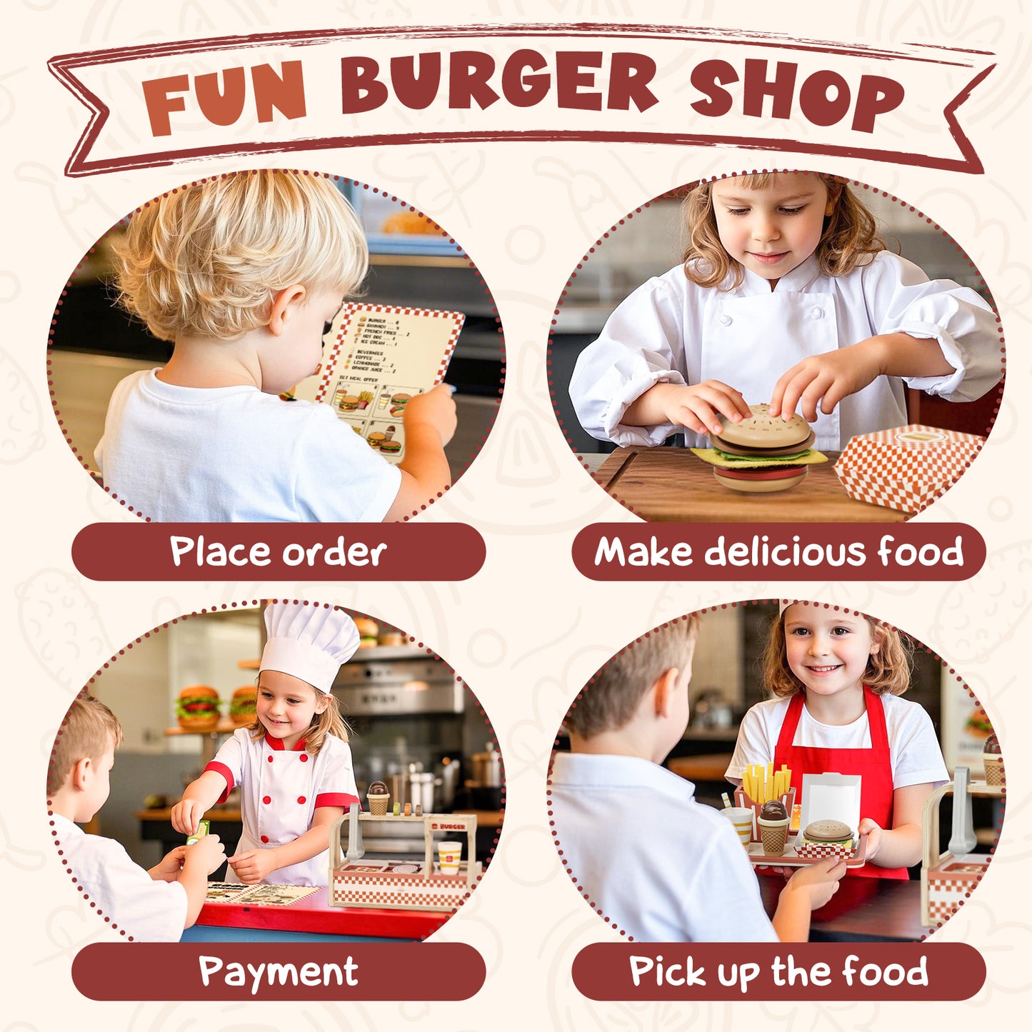 Play Food Sets, Toys Food for Kids, Pretend Play Food, Fake Food Toys, Hamburger Store Toy Play Set, Include Menu & Cash, Preschool Learning Toddler Toys, Best Gifts for 3 4 5 6 Girls Boys