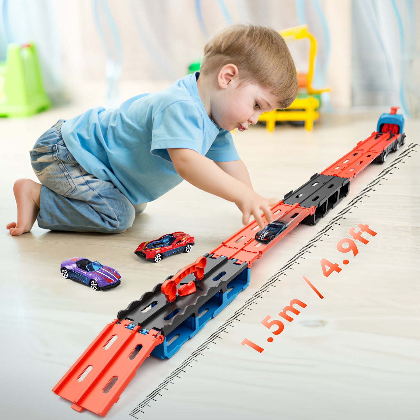 Dinosaur Toy Trucks Cars for Kids, Transport Truck Car Toys, Toddler Toys for 2 3 4 Years Old Boys, Carrier Truck Toy Cars for Toddlers with 6 Racing Cars, 62.5" Race Track, Best Gift for Boys Girls