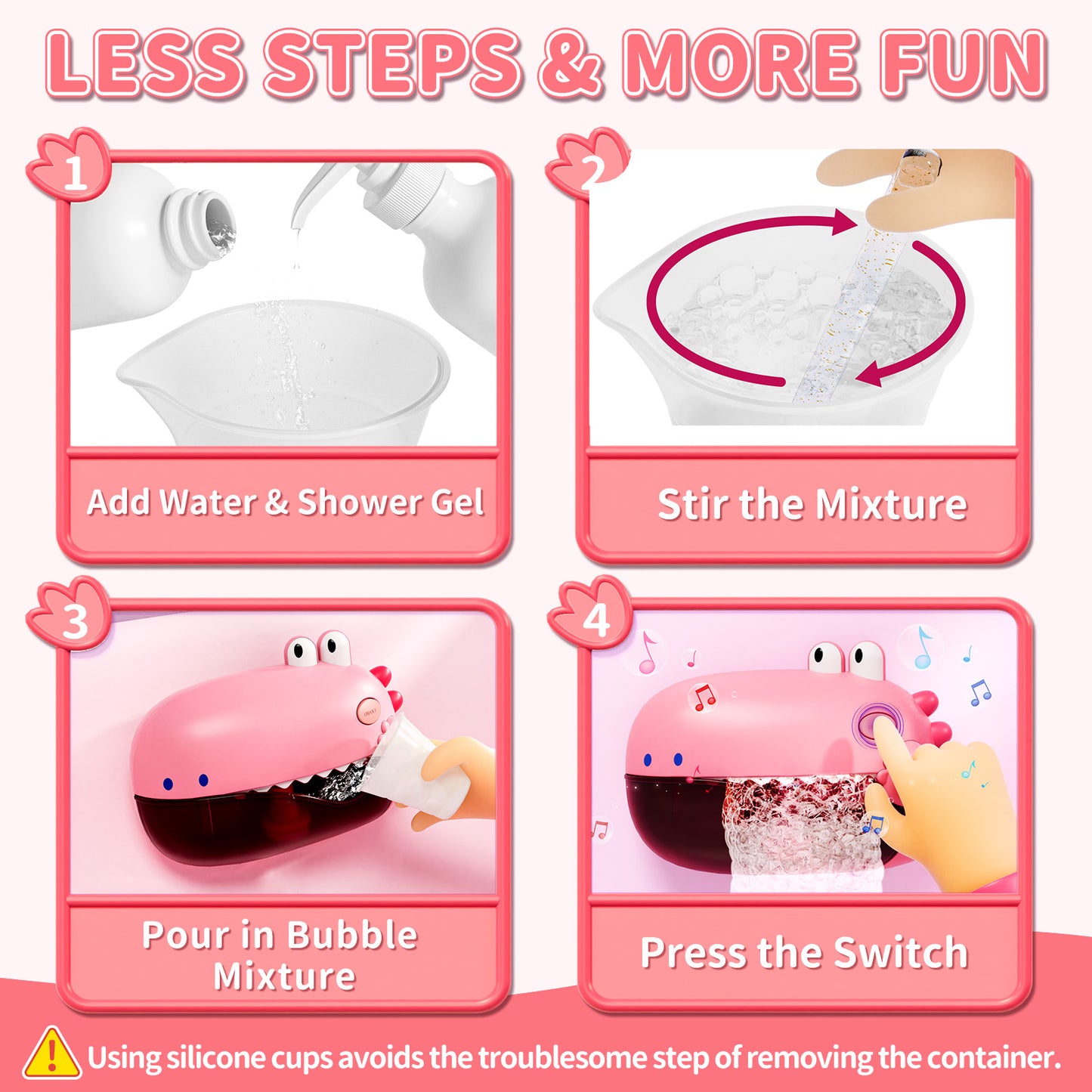 Bath Toys,Toddler Bath Bubble Machine, Bathtub Toy Dinosaur, Bubble Maker with 12 Songs, Bathtime Shower Bath Wall Toy for Boys Girls - Pink